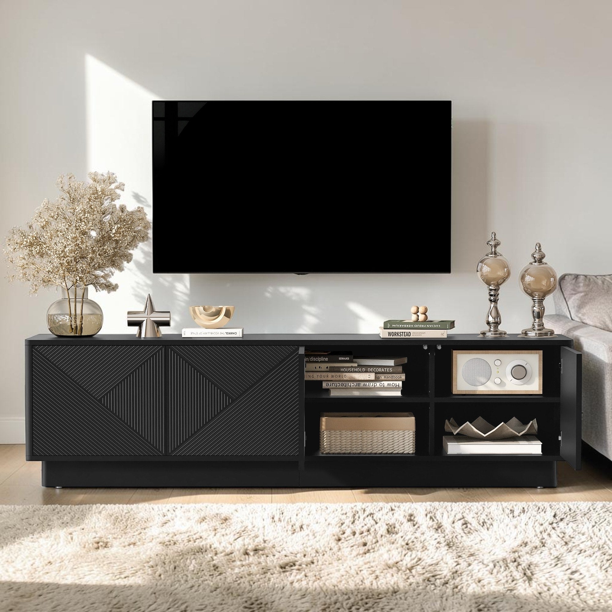 74.8 Modern Tv Stand With 4 Wave Doors Adjustable Shelves And Led Lights For Tvs Up To 75