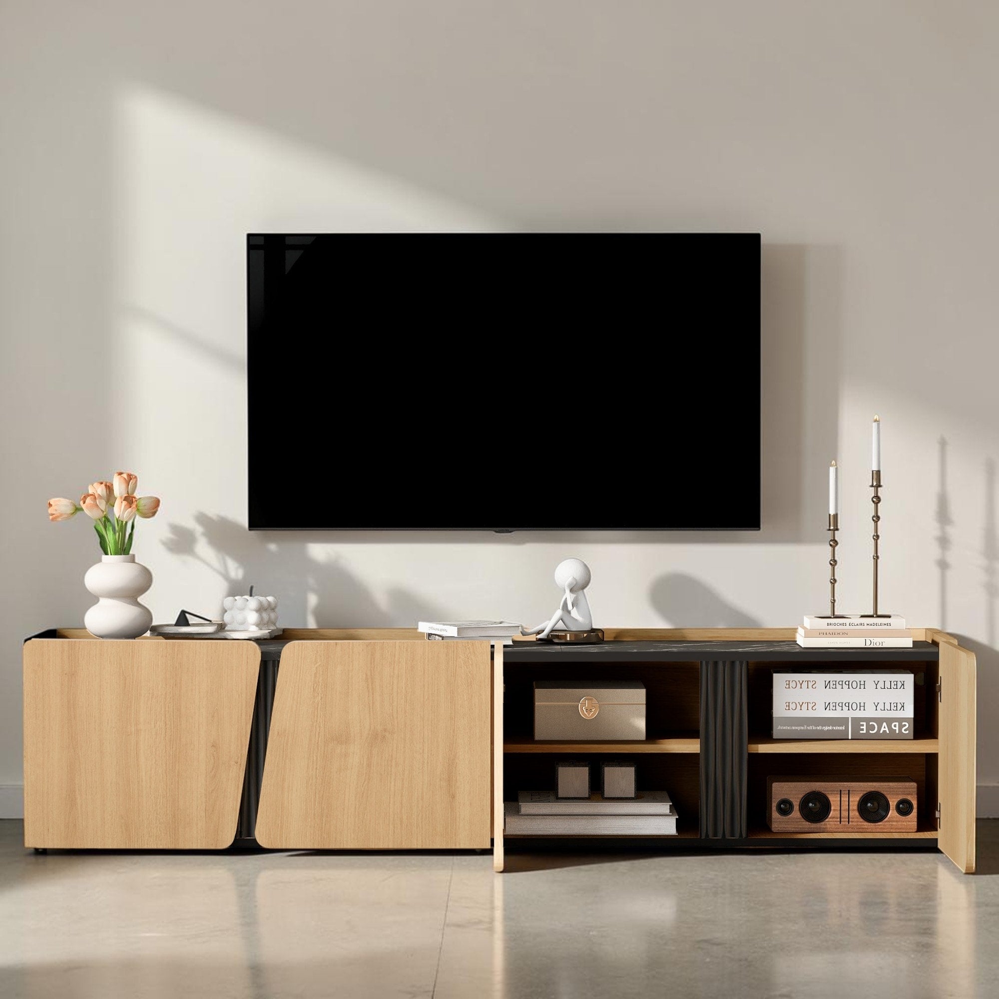 74.8 Modern Tv Stand With Marble Top Rounded Corners And Adjustable Shelves For Tvs Up To 75