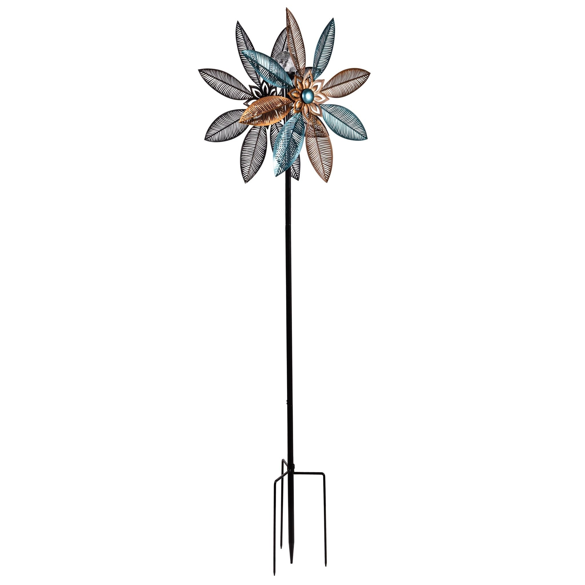 75 In. Copper And Turquoise Pedal Flower Metal Wind Spinner