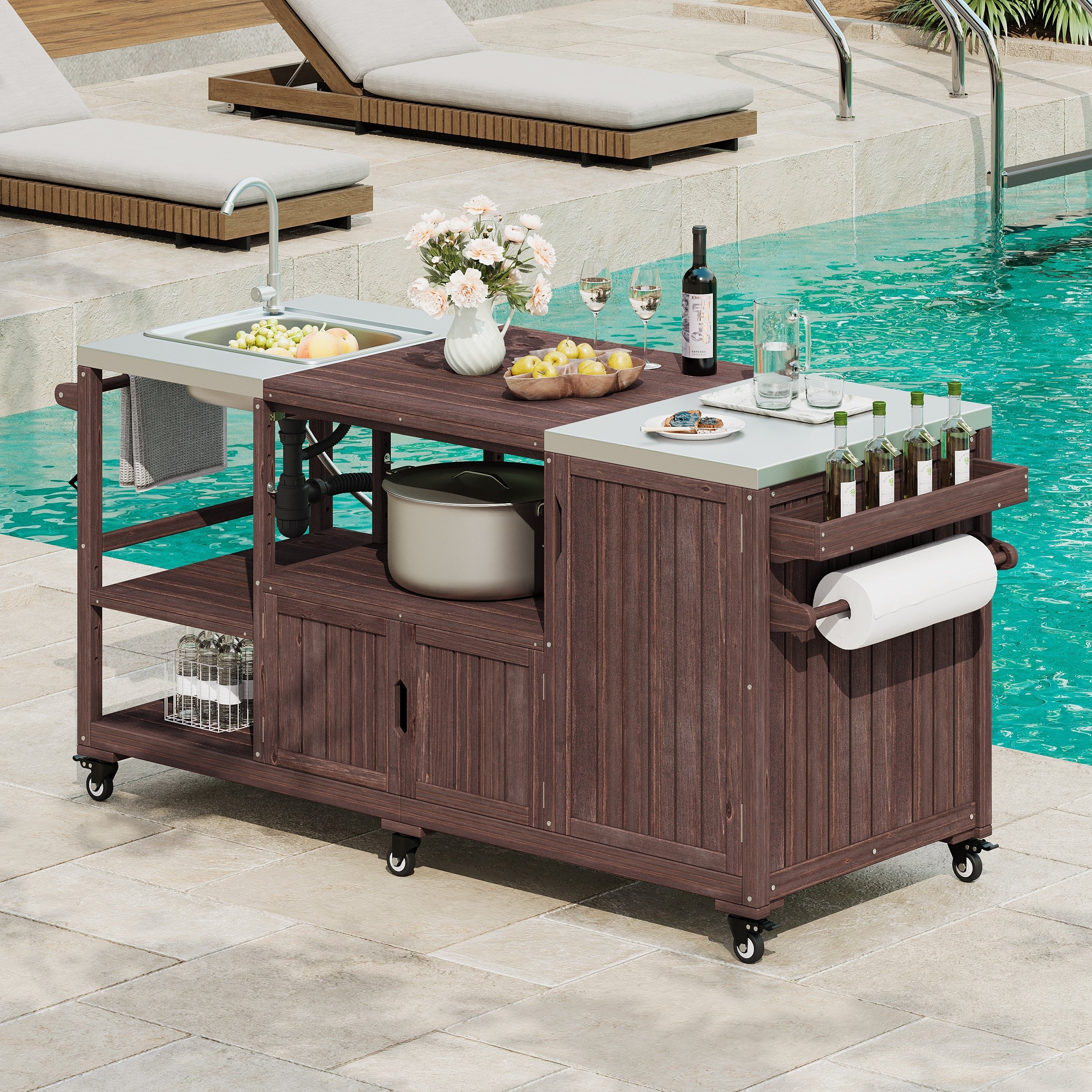 75.4 Outdoor Kitchen Island Grill Cart With Sink Brown Rolling Patio Bar Cart With Adjustable Shelves Cabinet