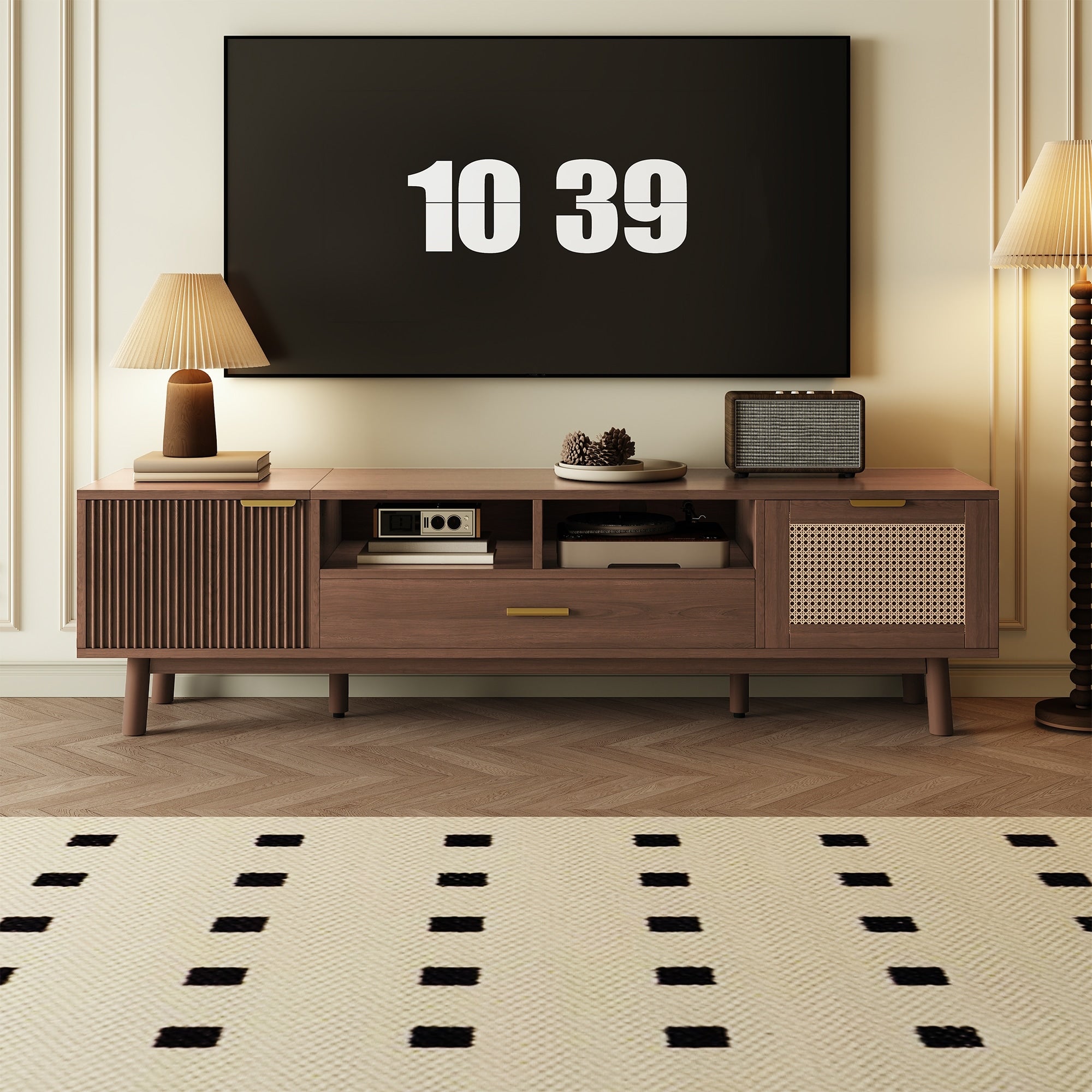 75Inch Wood Tv Stand With Rattan Door Soft Close Storage For Living Room