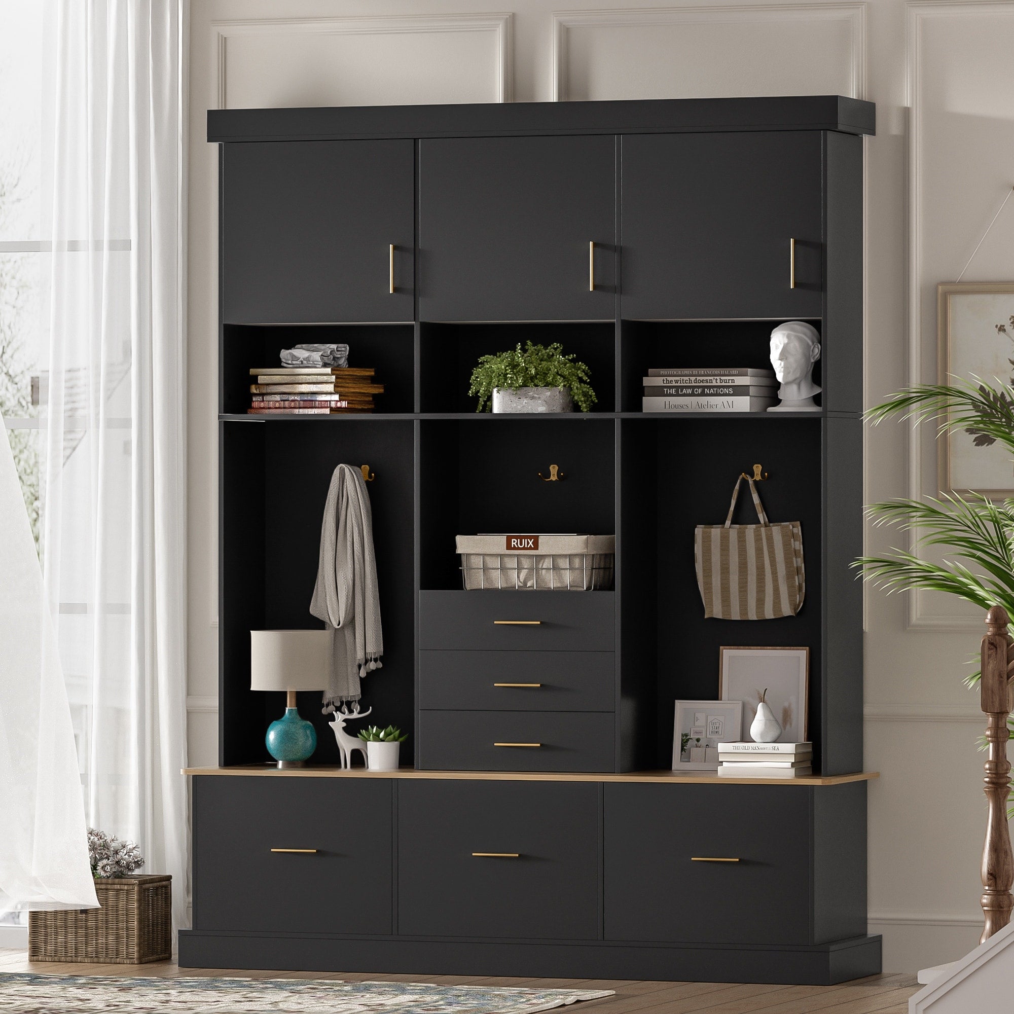 75 Entryway Hall Tree With Bench 3 Cabinets 6 Drawers Hooks