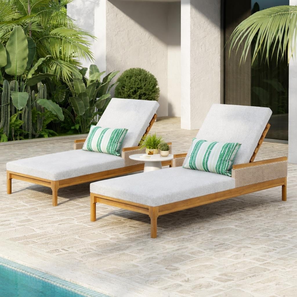 76.8 Solid Acacia Wood Sun Lounger Set Of 2 Outdoor Patio Furniture With Cushions And Light Wicker Deck Poolside Relaxation