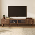 76 Modern Minimal Glass Doors Tv Stand For Tvs Up To 85 Inches Wood Grain Entertainment Center With Storage Cabinets