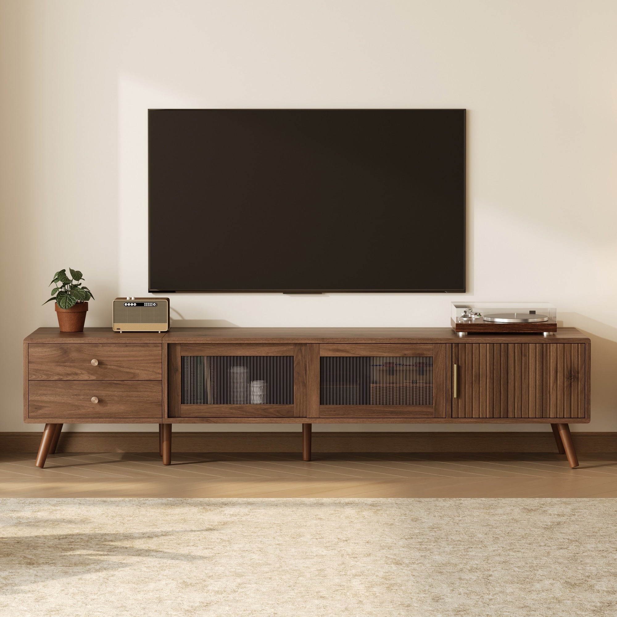 76 Modern Minimal Glass Doors Tv Stand For Tvs Up To 85 Inches Wood Grain Entertainment Center With Storage Cabinets