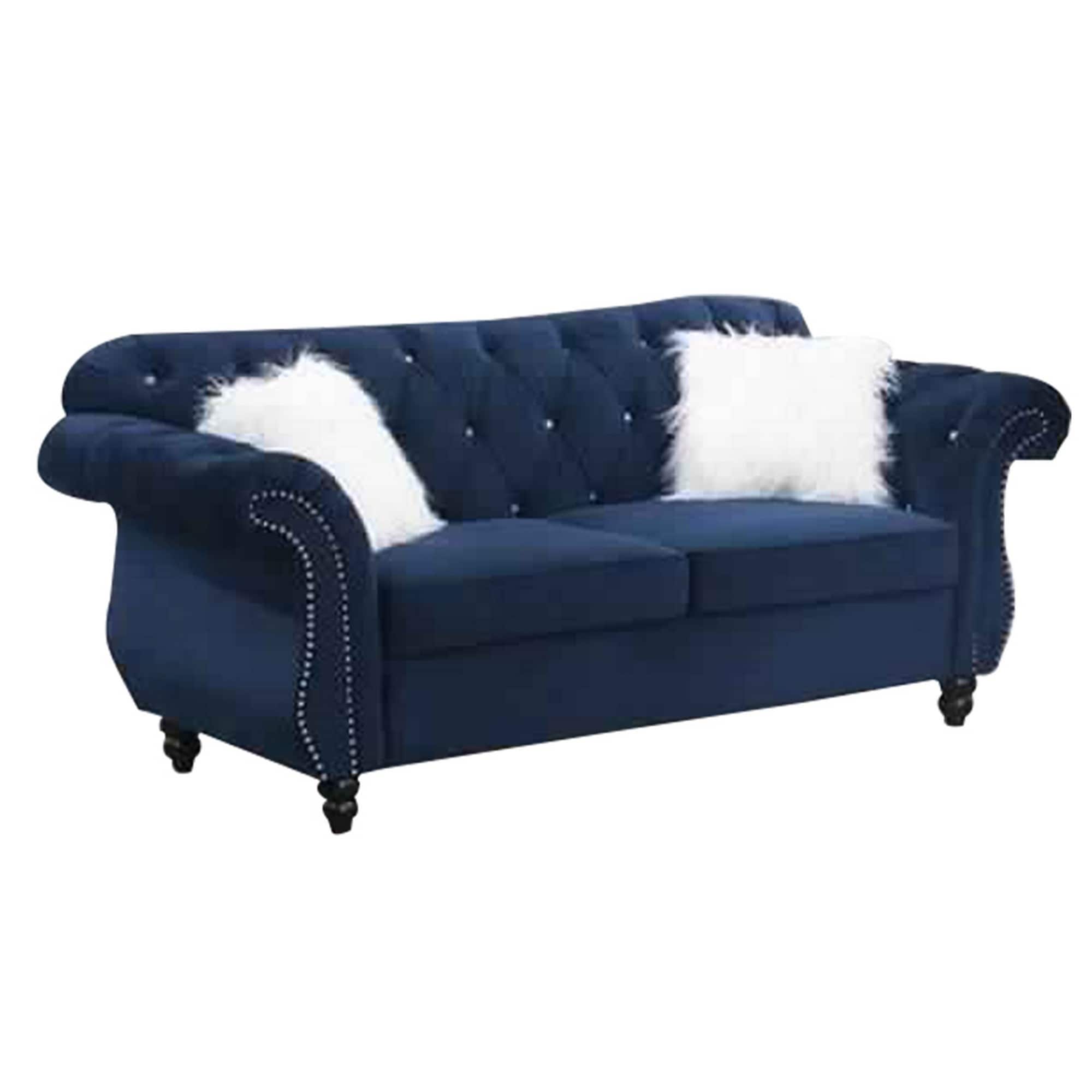 77 Inches Nailhead Trim Velvet Loveseat With Crystal Tufting Blue