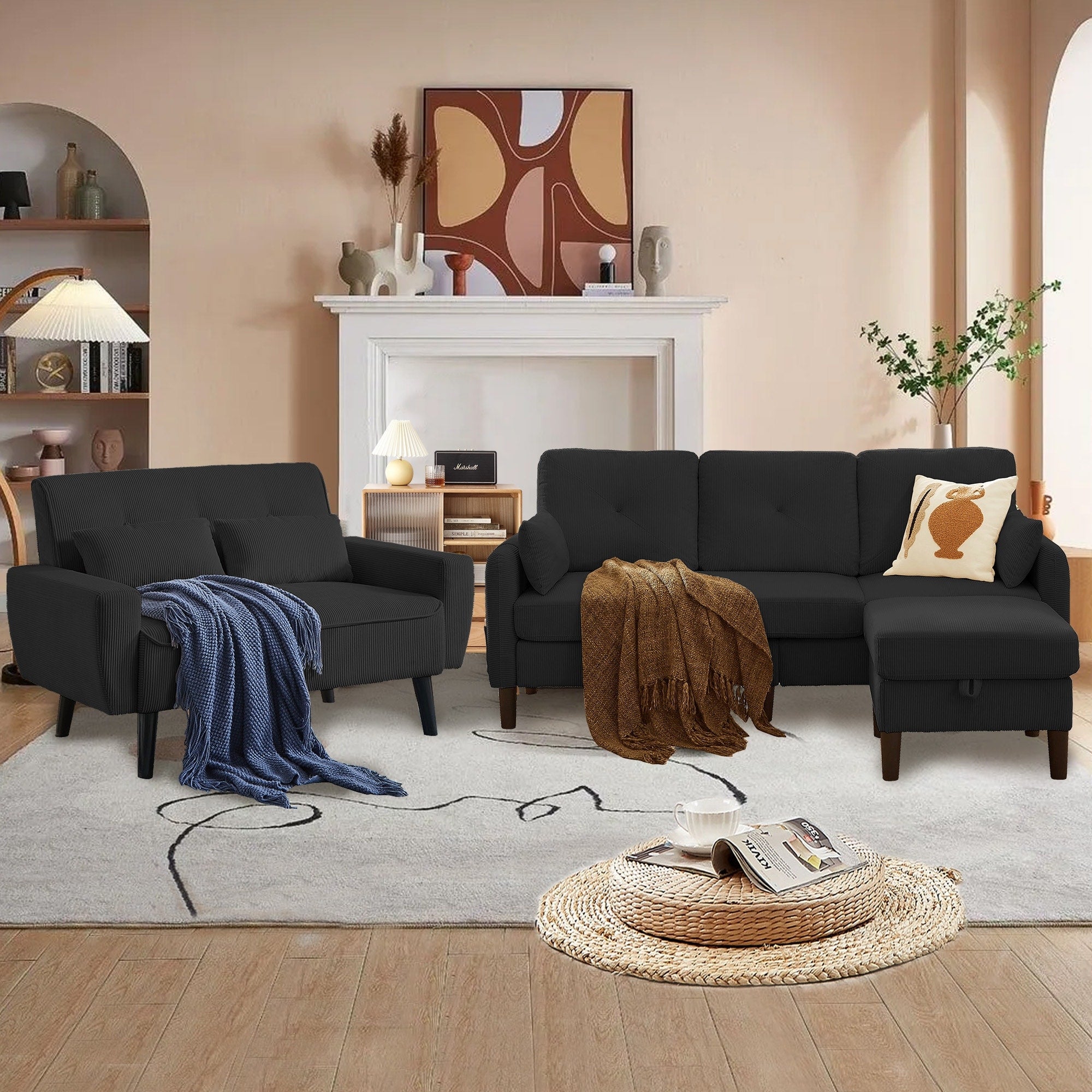 77.17 Corduroy 3 Pieces Living Room Sets With Sofa Ottoman And Loveseat