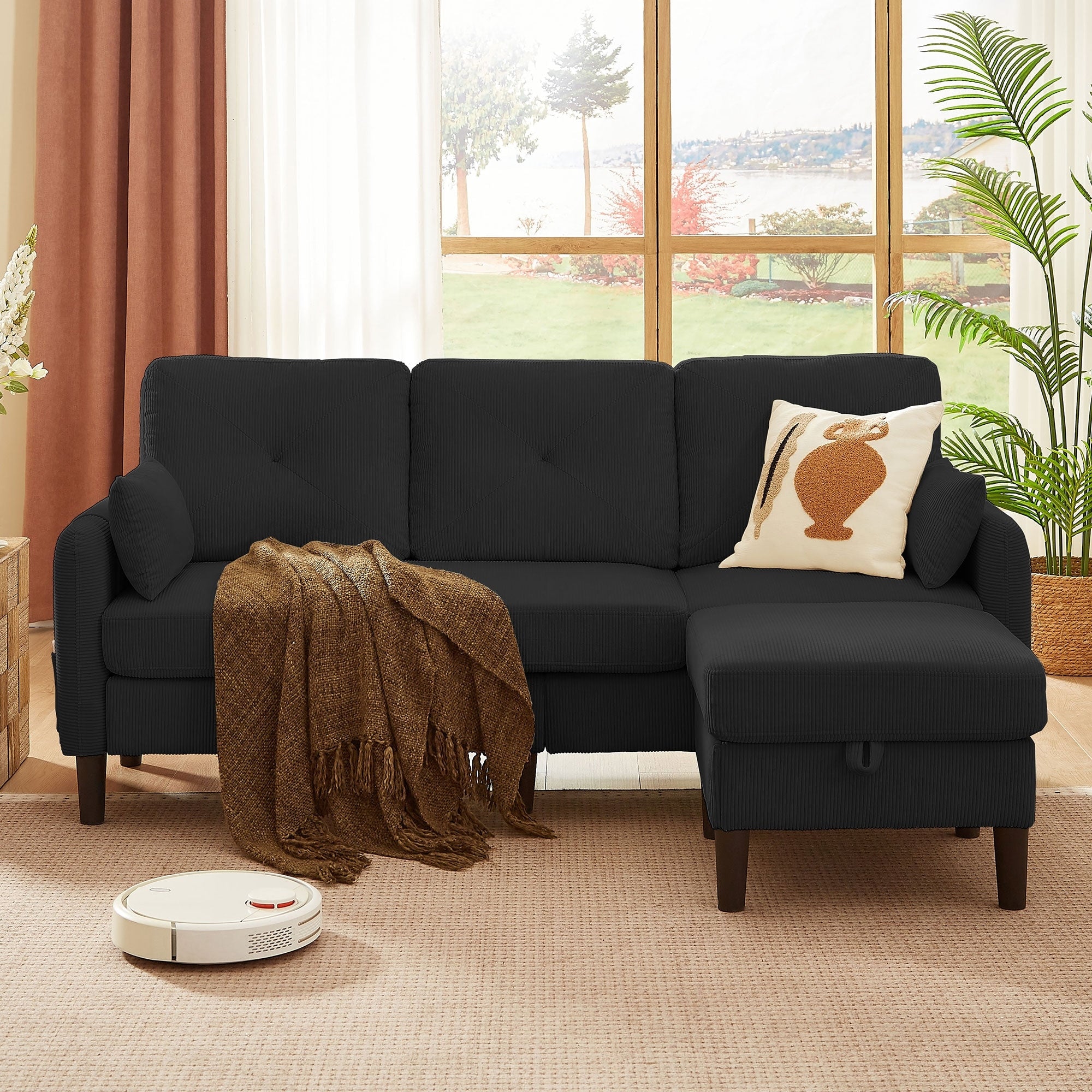 77.17 Corduroy Sectional Sofa With Storage Ottoman And Side Storage Pocket