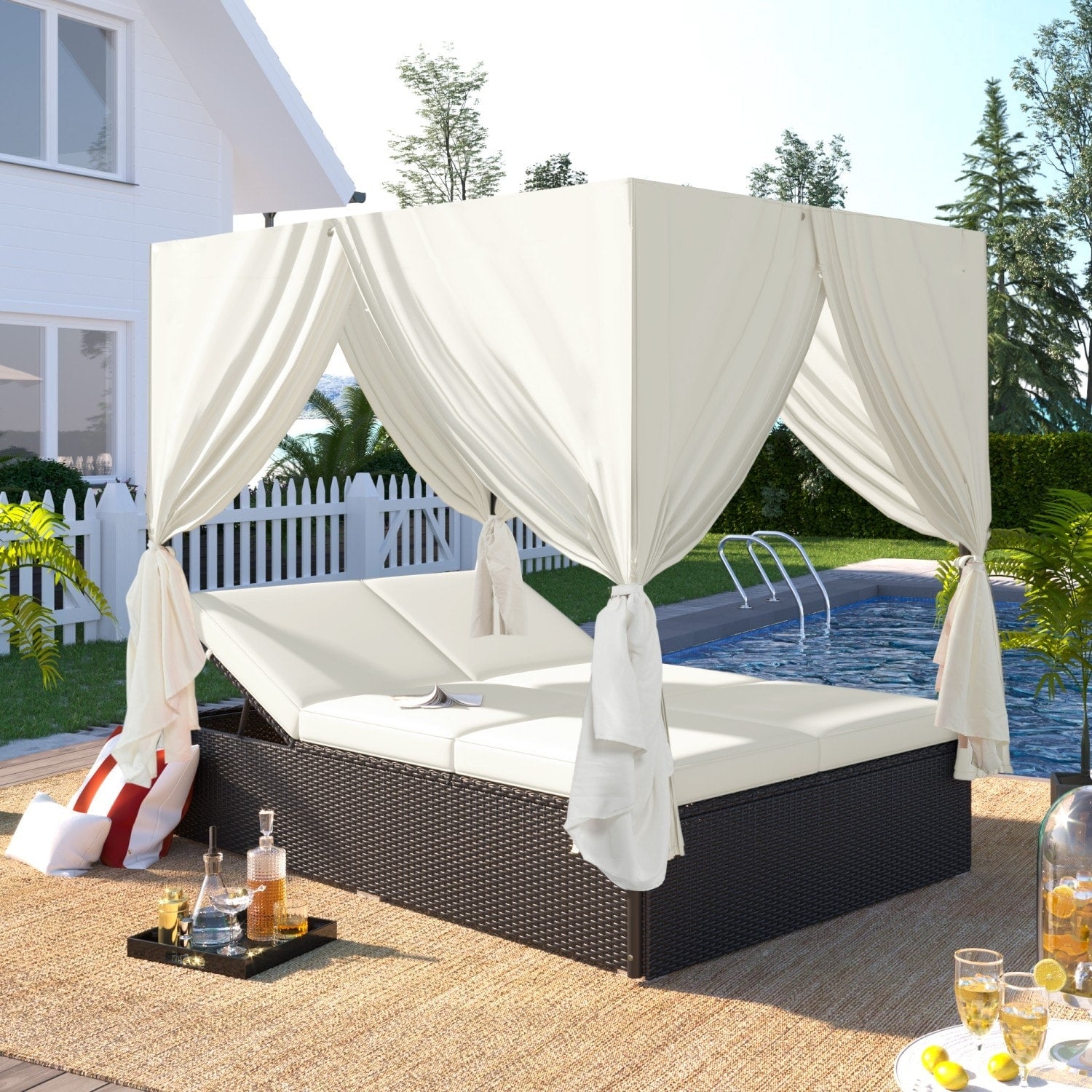 77 Outdoor Rattan Daybed With Curtains And Adjustable Backrest