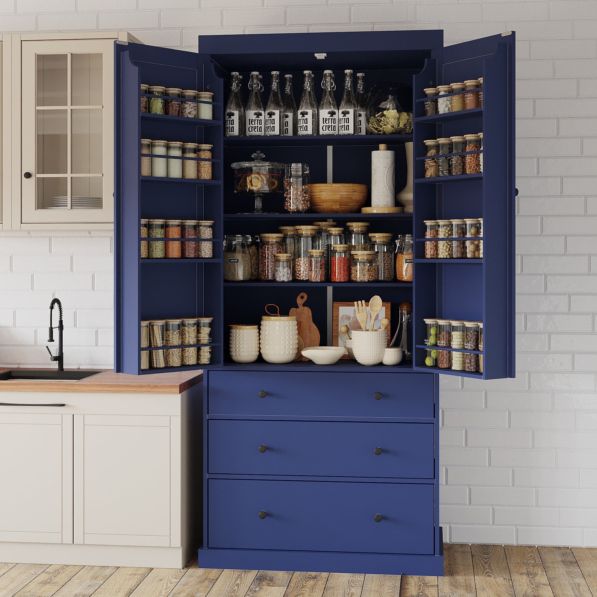 77 Farmhouse Kitchen Pantry Freestanding Tall Cupboard Storage Cabinet With 3 Adjustable Shelves 8 Door Shelves 3 Drawers