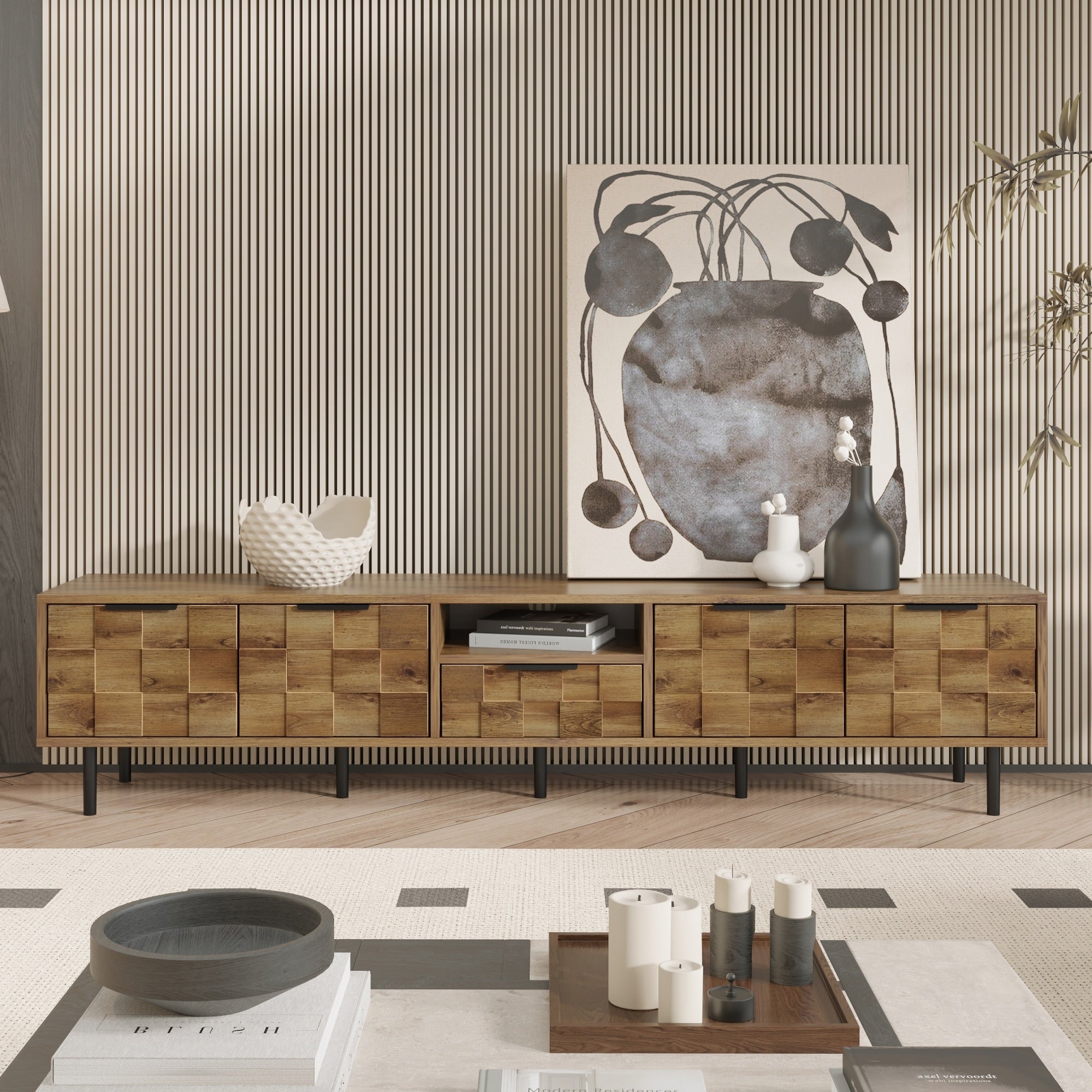 78 Inch Tv Stand For 65 To 85 Inch Tvs Checkered Wood Pattern Media Console