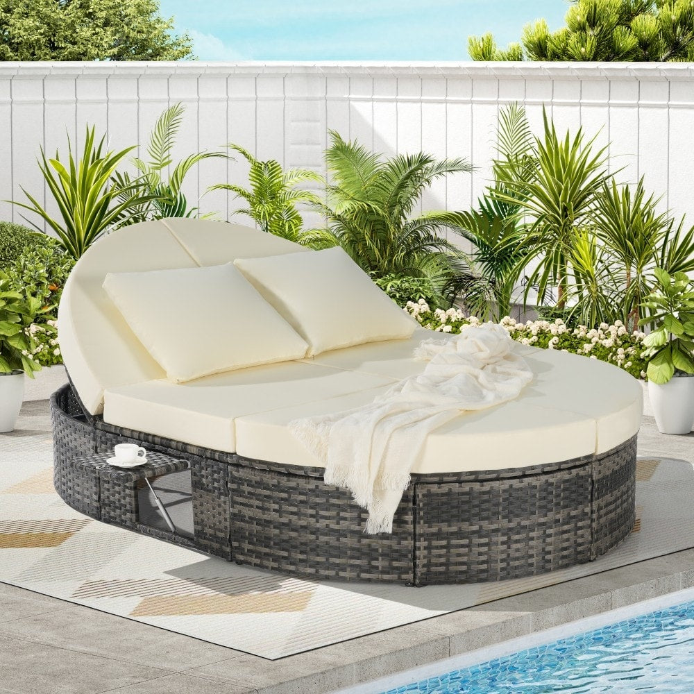 78.35 Outdoor Rattan Daybed With Adjustable Backrests And Cup Trays
