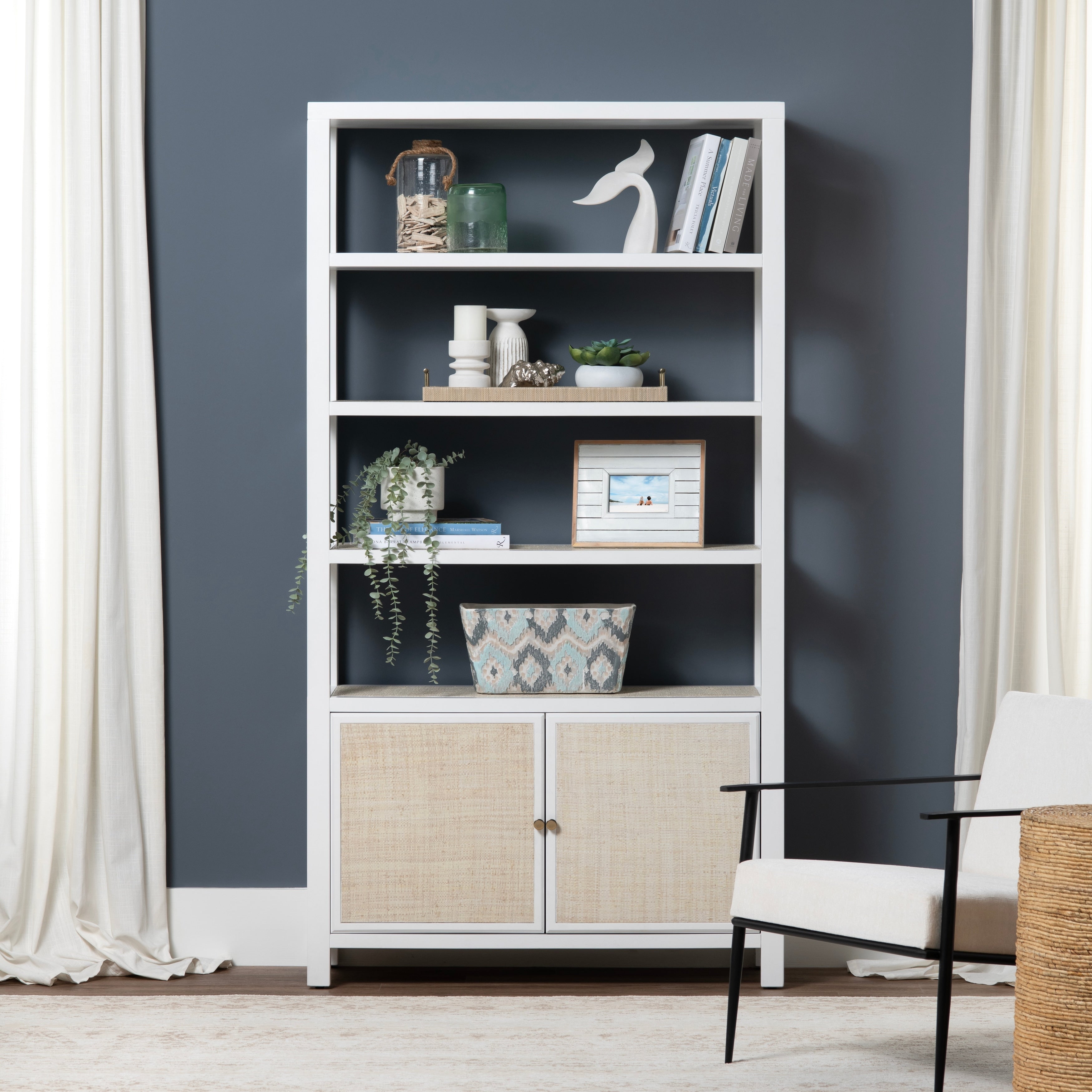 78.5 In. White Solid Wood 3 Shelf 2 Door Bookcase_Accent Cabinet