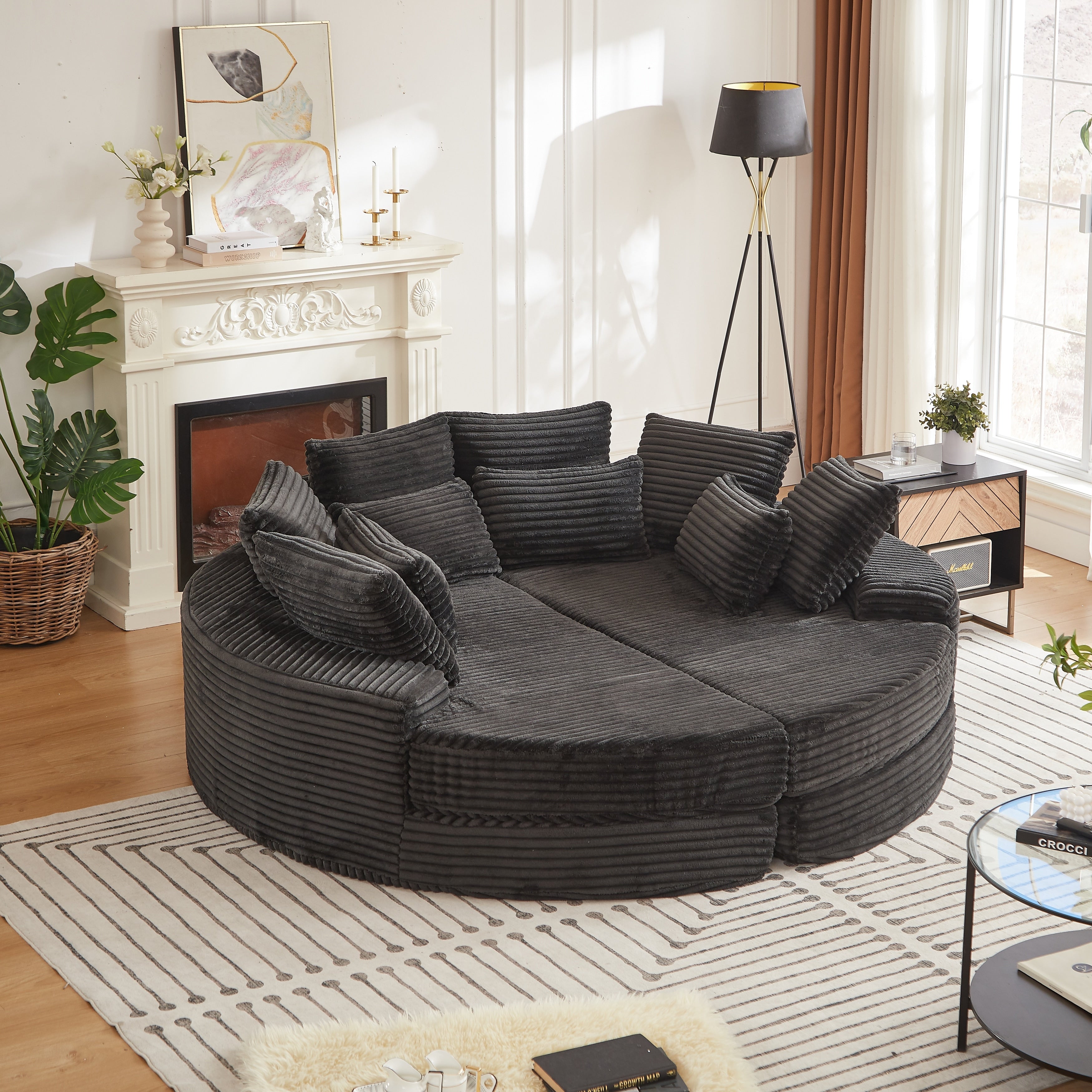 78.5 Inch Corduroy Round Oversized Recliner Converts Into Two Recliners 2 In 1 Sofa Bed