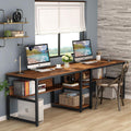 Two Person Desk With Bookshelf 78.7 Inches Rustic Brown