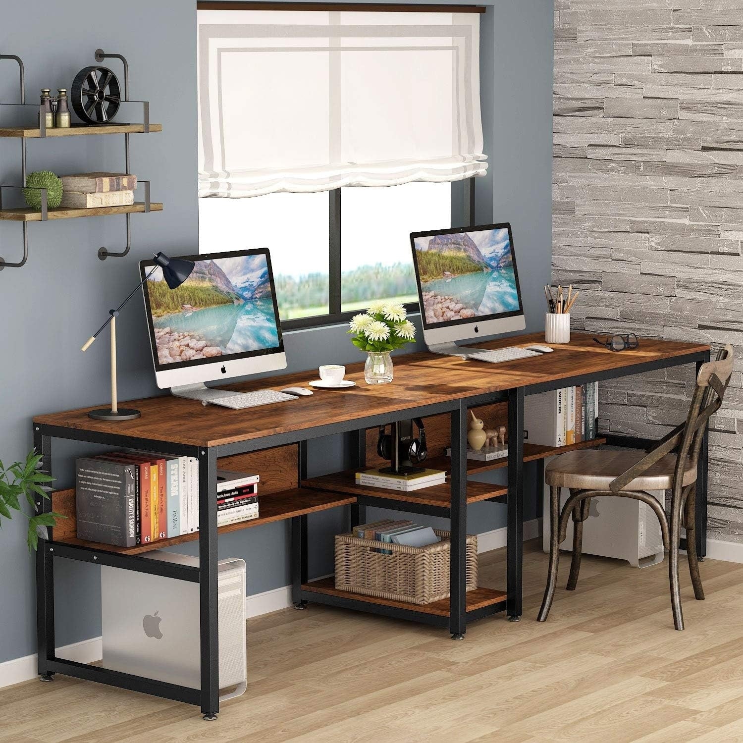 Two Person Desk With Bookshelf 78.7 Inches Rustic Brown