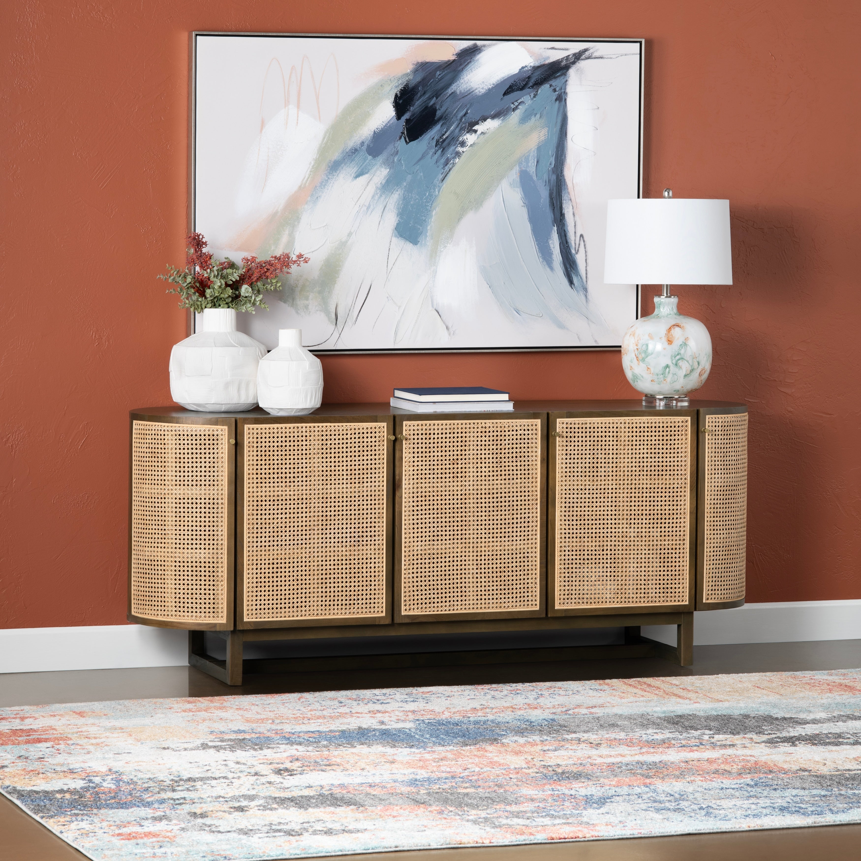 78.74 In. Brown Solid Wood 5 Door Media Credenza_Sideboard
