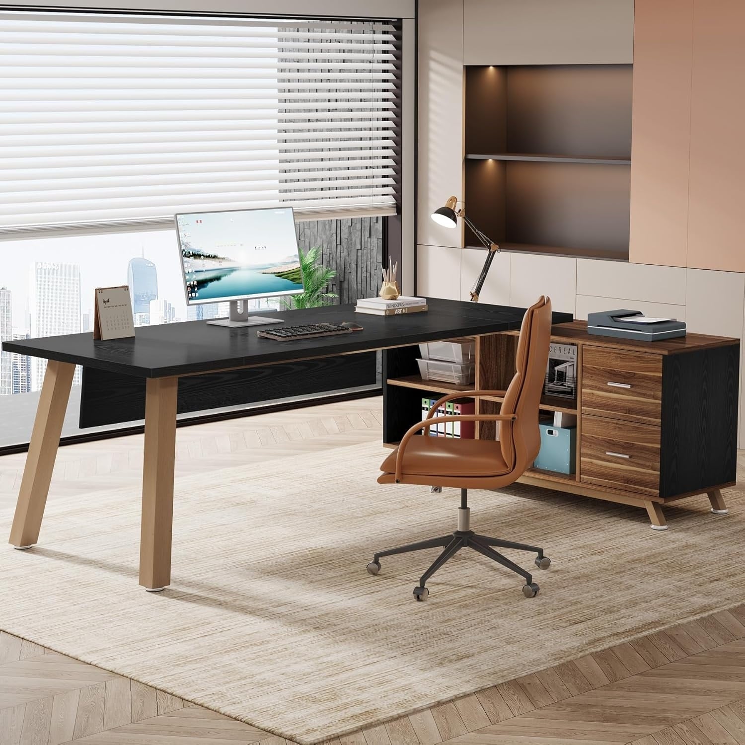 78.7 L Shaped Computer Desk Modern Executive Desk With 2 File Drawers Shelves Large Home Office Desk Workstation