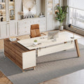 78.7 L Shaped Executive Desk With File Drawers Storage Shelves For Home Office Beige Walnut