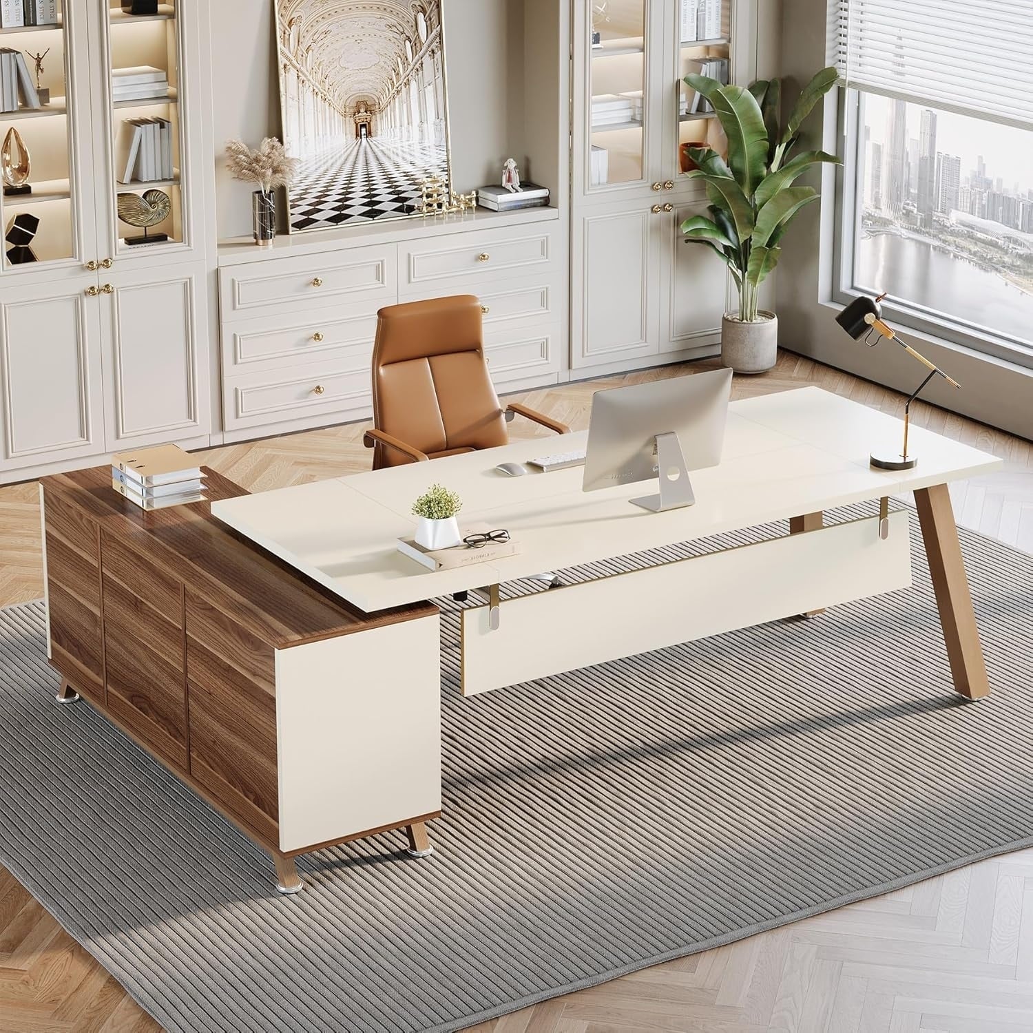 78.7 L Shaped Executive Desk Modern Large Computer Desk With File Drawers Storage Shelves Home Office Desk Workstation