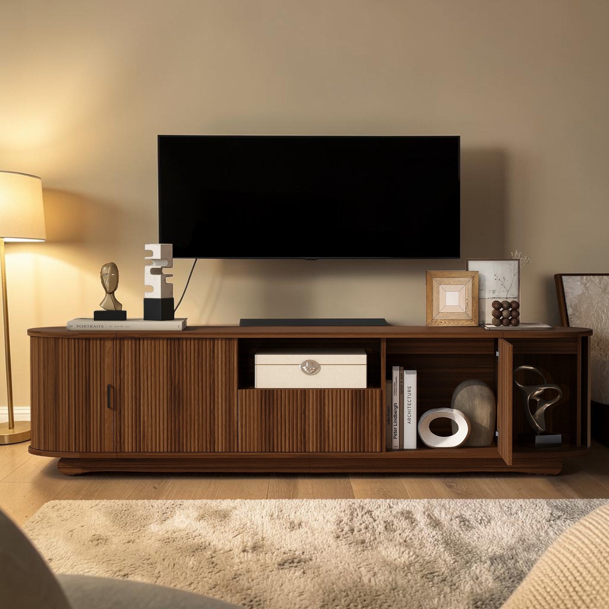 78.7 Modern Tv Stand With Sliding Storage Open Shelf And Cabinets Waterproof Console For 70 75 Inch Tvs