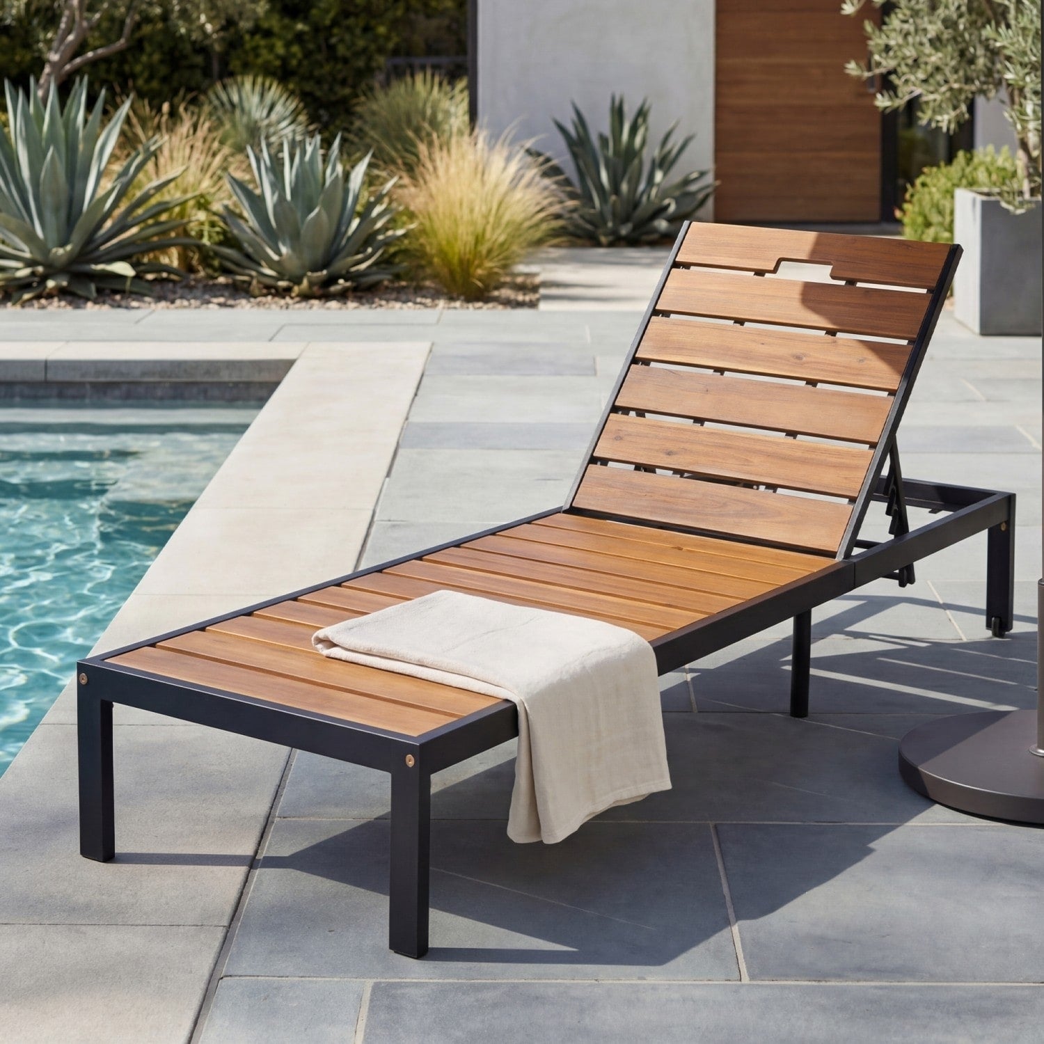 78.7 Outdoor Wood Chaise Lounge With Adjustable Backrest And Metal Frame