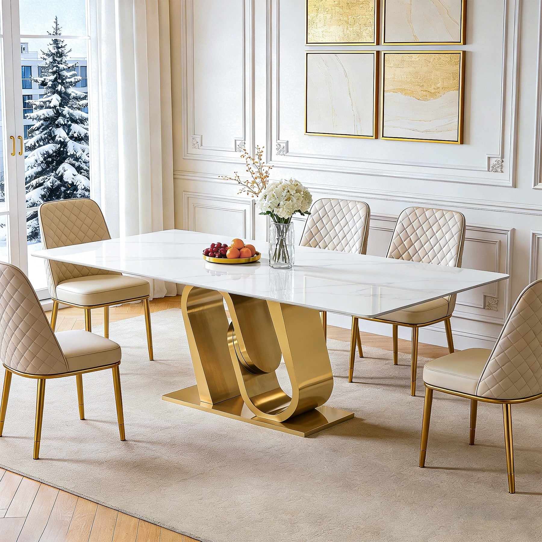 78.7 Sintered Stone Dining Table For 8 Rectangular Kitchen Table With Gold Stainless Steel Base 39.4 D X 78.7 W X 29.9 H