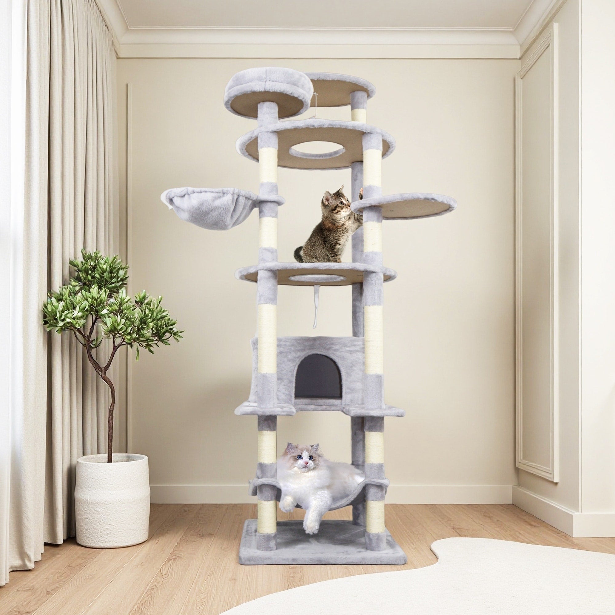 78.8 In Dark Gray Cat Tree Tower With Wide Base 12 Sisal Scratching Post Big Hammock Many Landing Perch And Interactive Toy