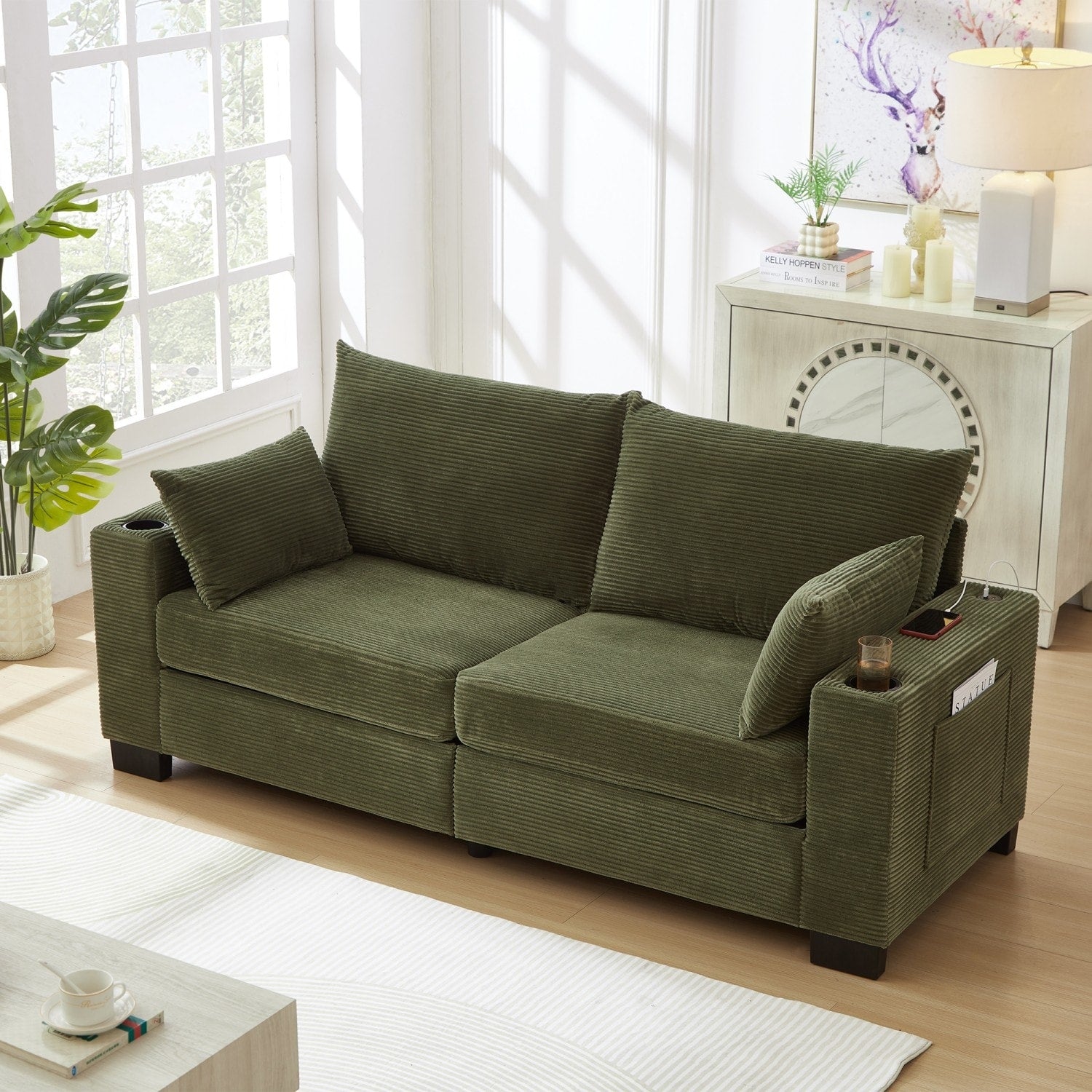 78 Corduroy 3 Seater Sofa With Usb Ports Cup Holders And Side Pockets