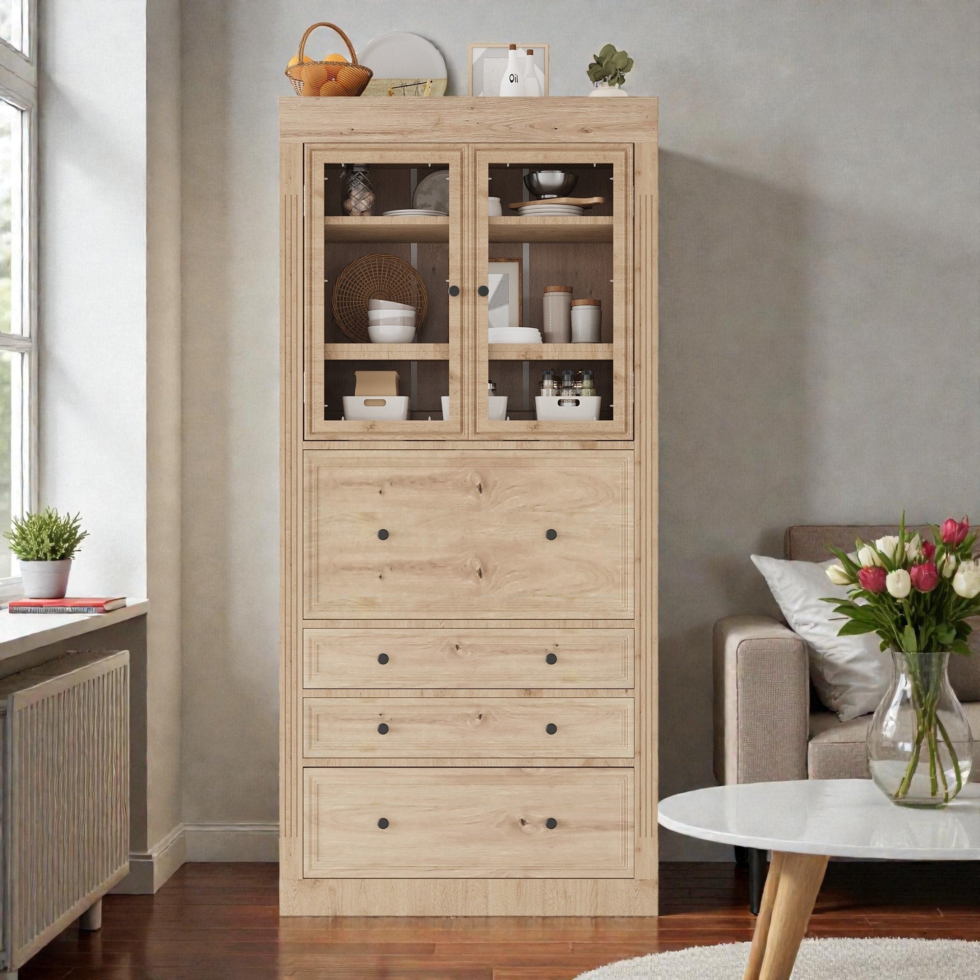 78 Freestanding Kitchen Pantry Cabinet With 3 Drawers Glass Doors Adjustable Shelves And Built In Power Outlet