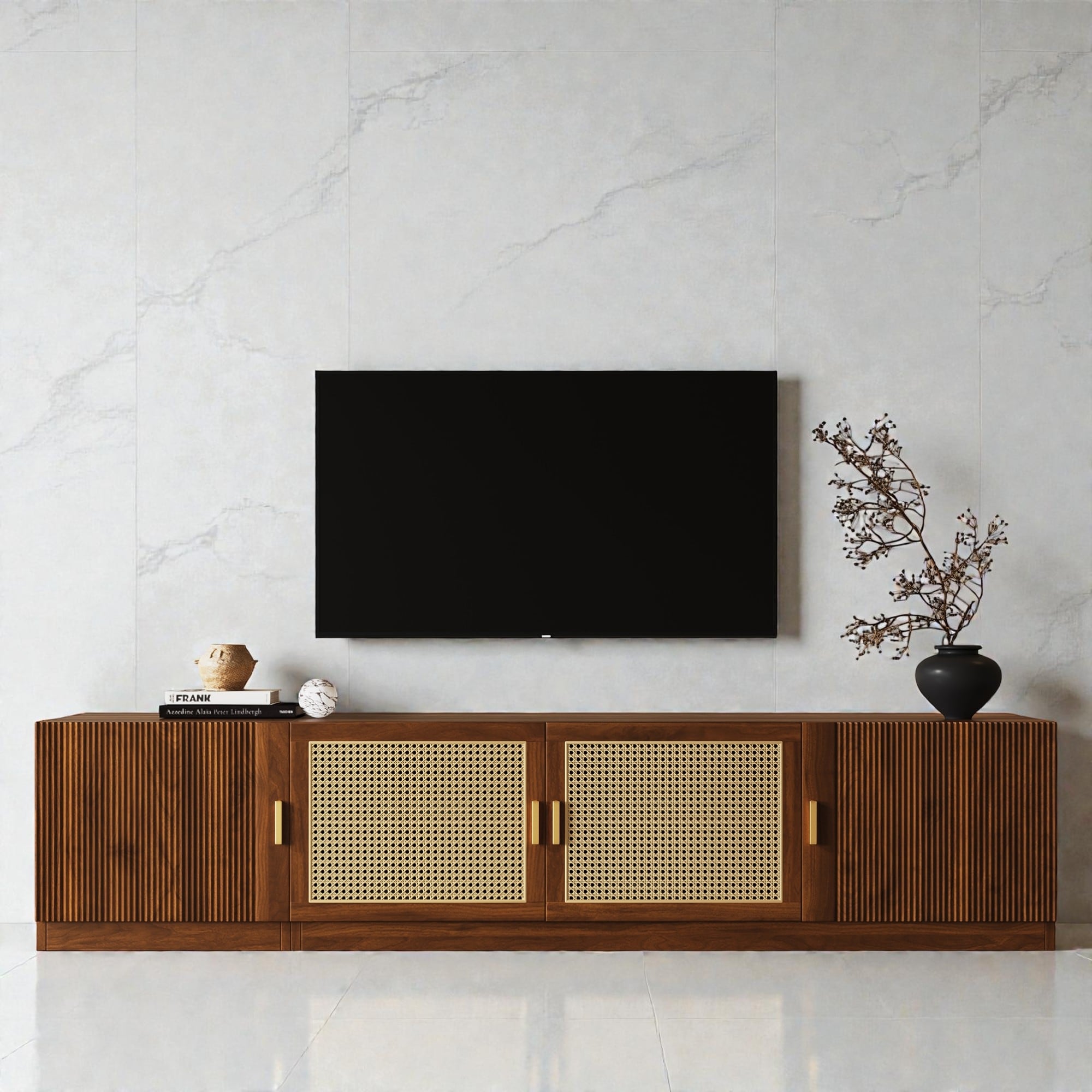 78 Mid Century Tv Stand For Tvs Up To 85 Rattan Door Media Console With Adjustable Shelves Cable Management