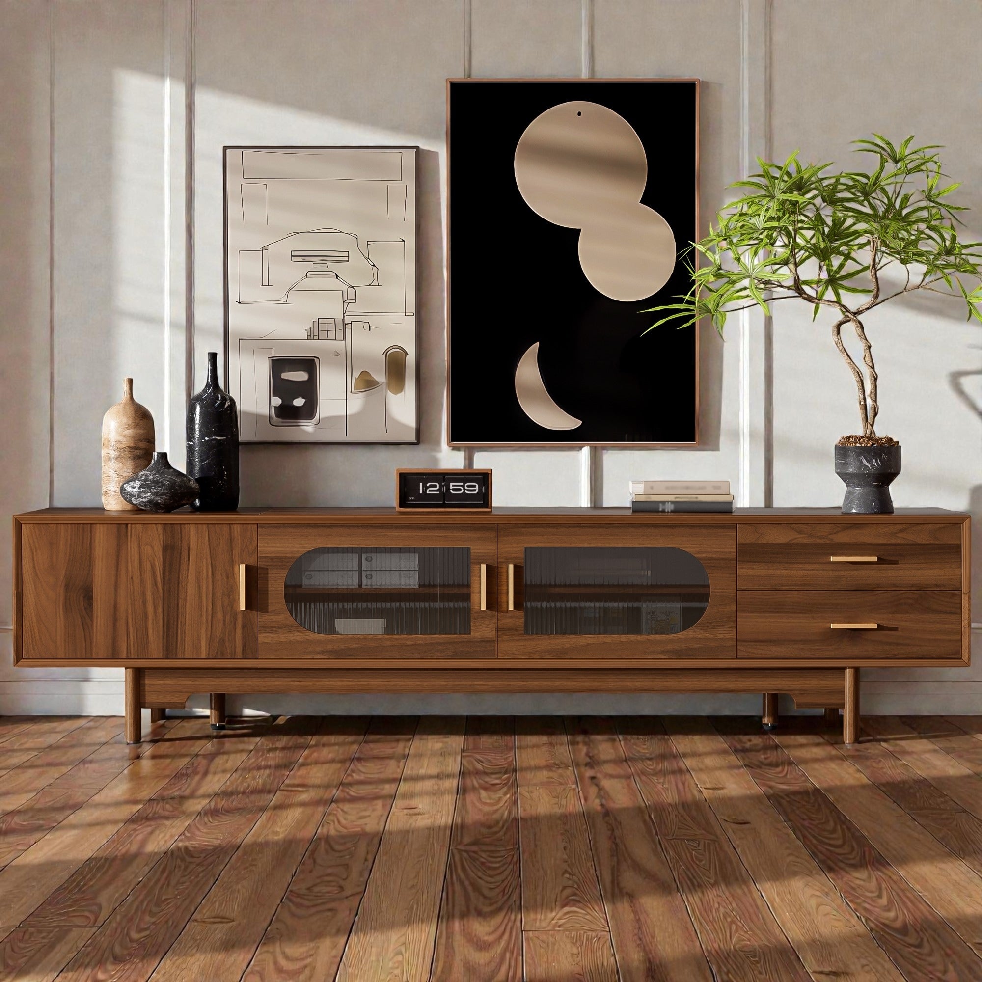 78 Modern Tv Stand For Tvs Up To 85 Fluted Glass Door Entertainment Center With Solid Wood Legs Drawers