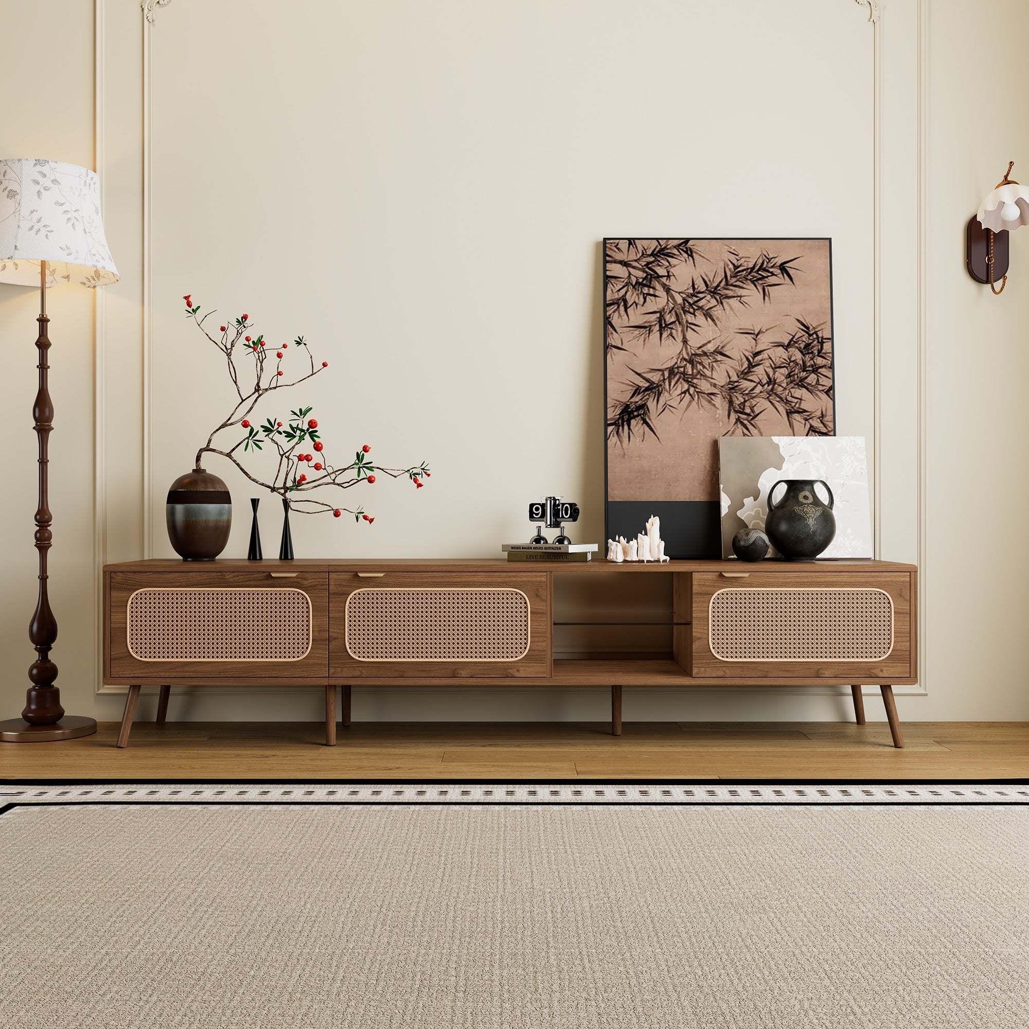 78 Tv Stand For 75 85 Inch Tvs With Rattan Doors Glass Open Shelf
