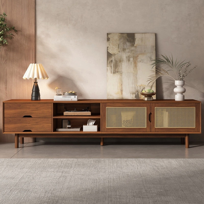 78 Tv Stand For Tvs Up To 85 Rattan Media Console Entertainment Center With 2 Drawers For Living Room
