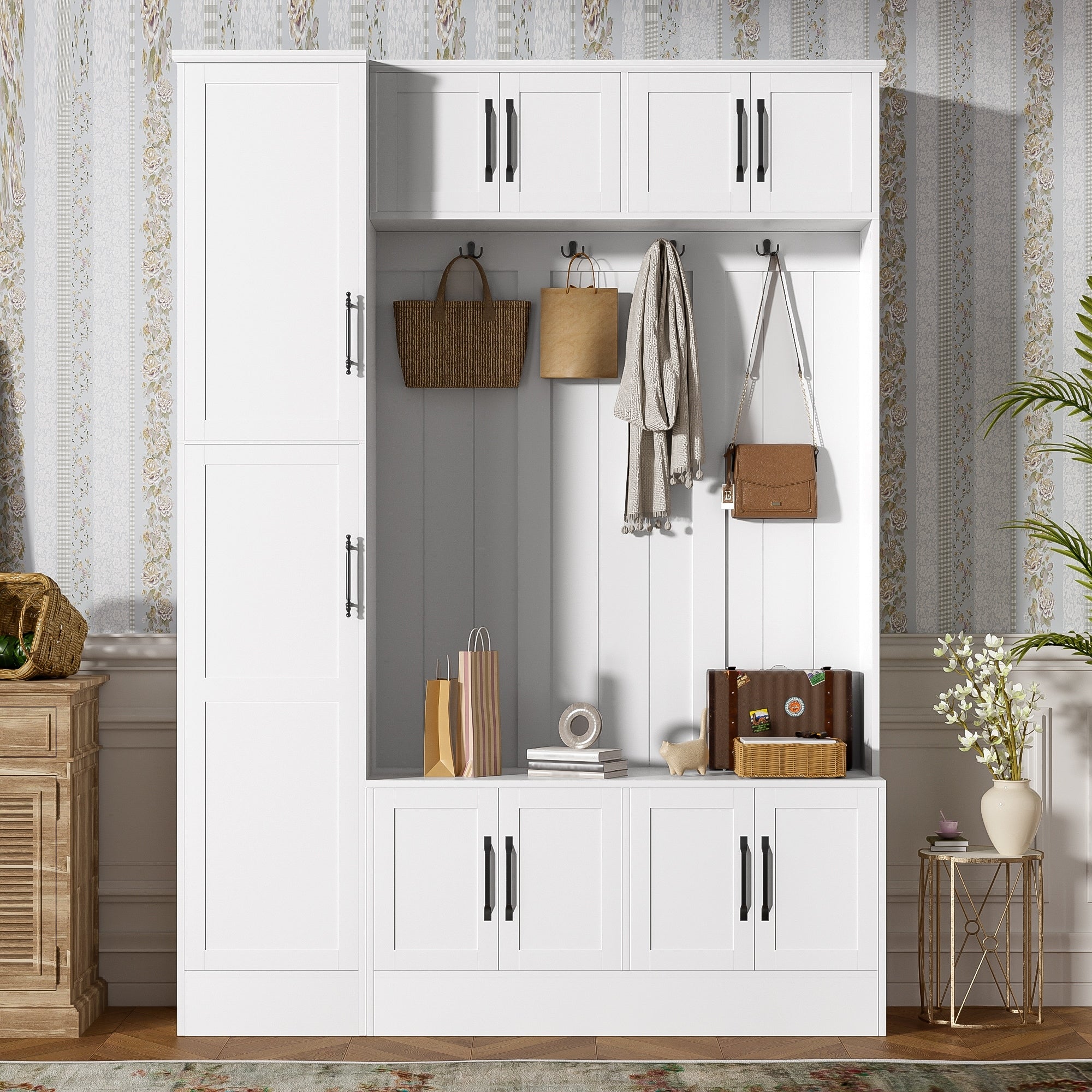 79 Inch Modern Hall Tree With 6 Cabinets Bench And Adjustable Shelf