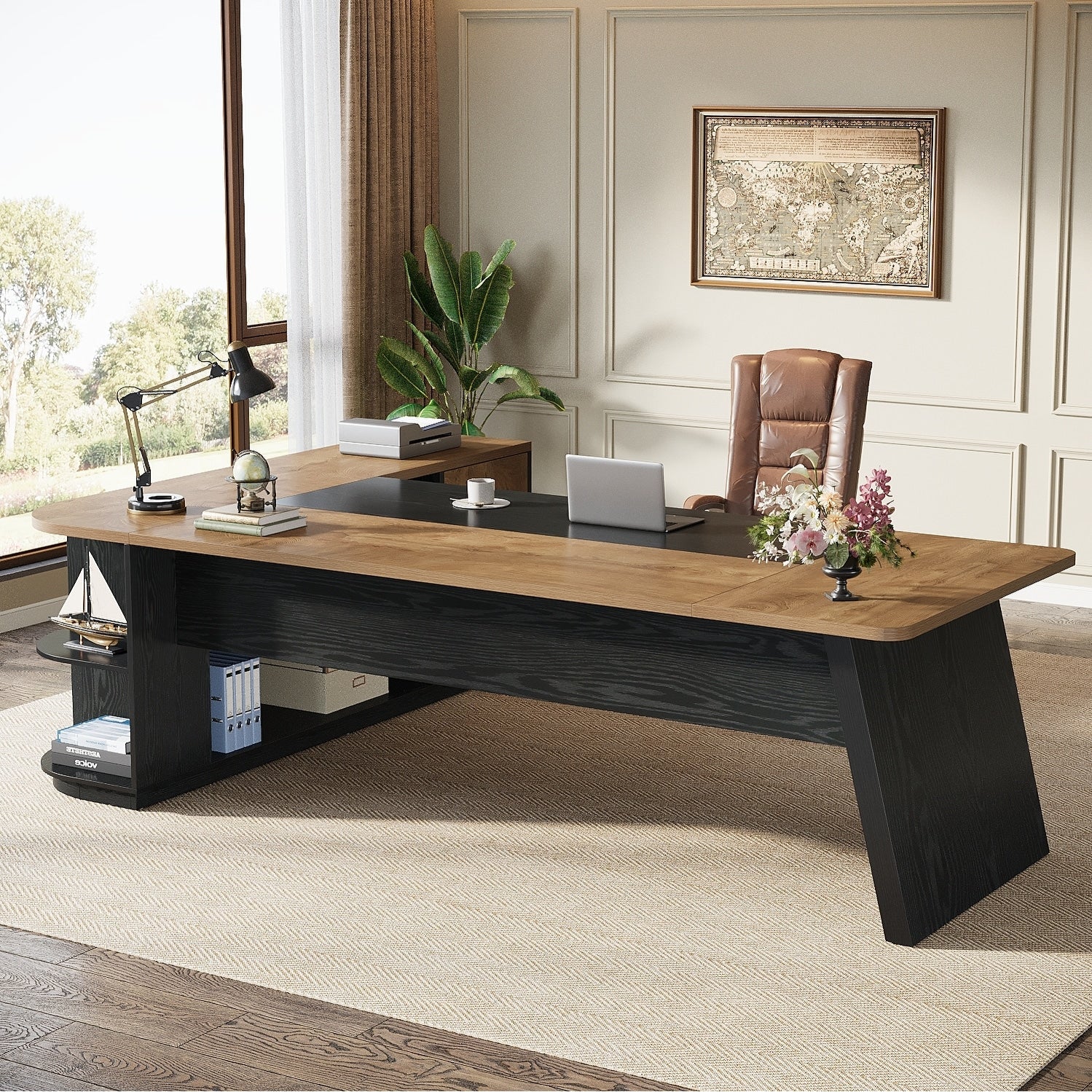 79 Inch Office Executive Desk With File Cabinet L Shaped Corner Desk With Storage Shelves For Home Office