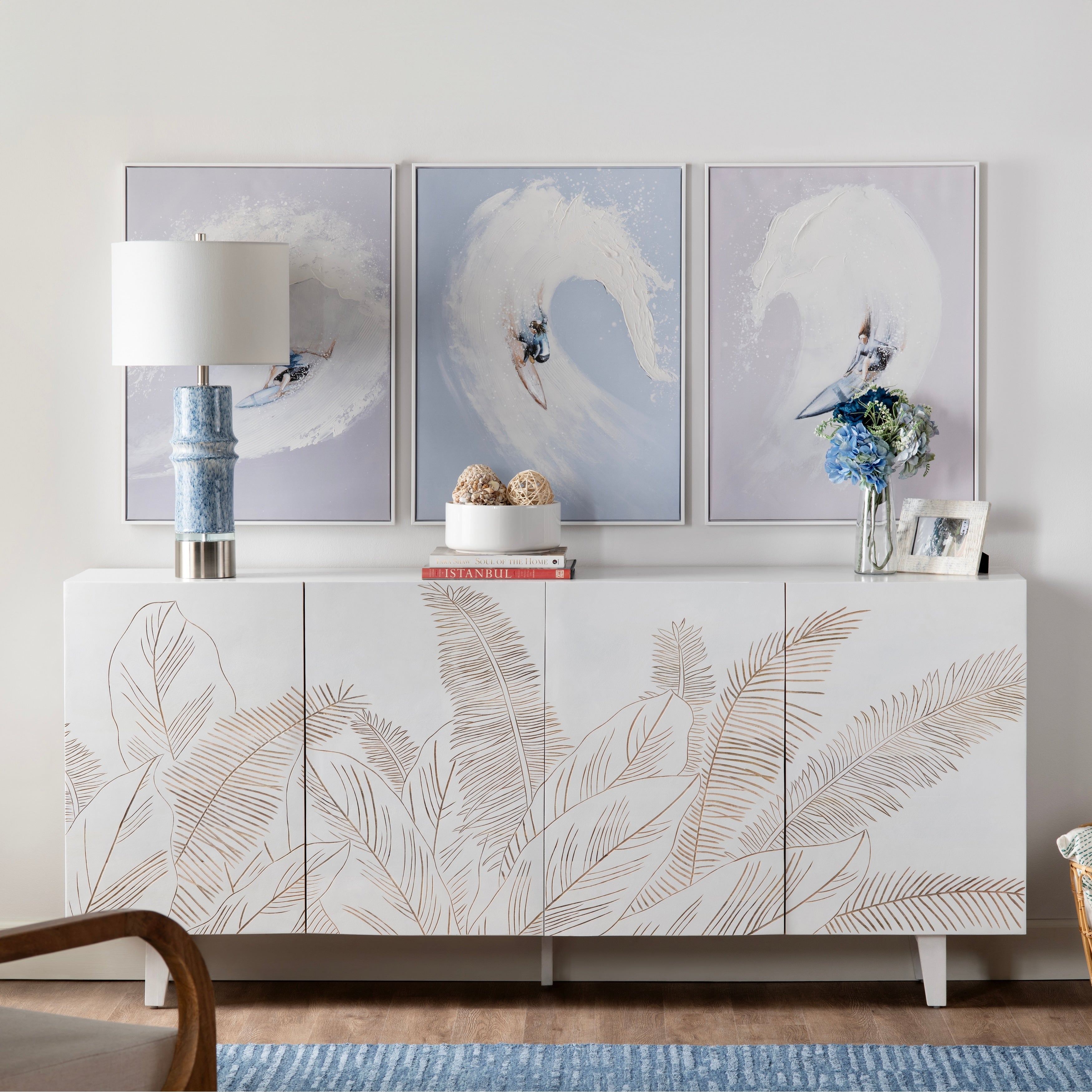 79 In. White Solid Wood 4 Door Media Credenza_Sideboard