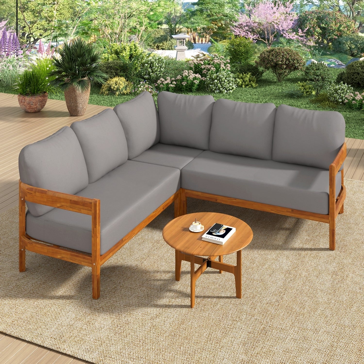 79.13 Outdoor Acacia Wood L Shaped Sectional Sofa With Cushions
