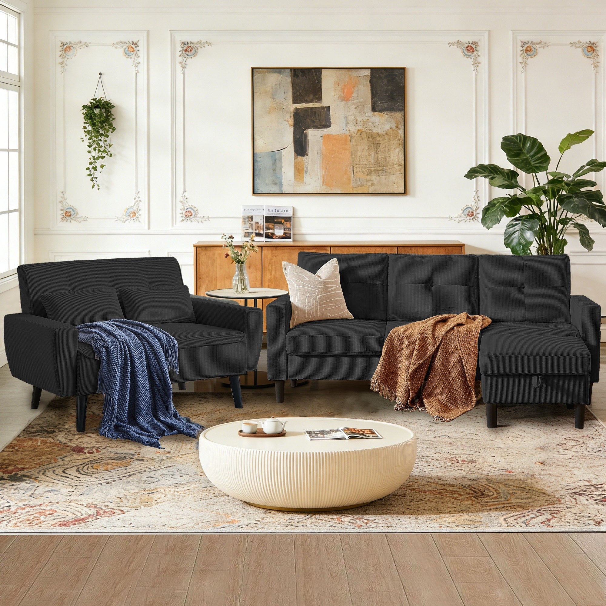 79.14 Corduroy 3 Piece Living Room Set With Sofa Ottoman And Loveseat