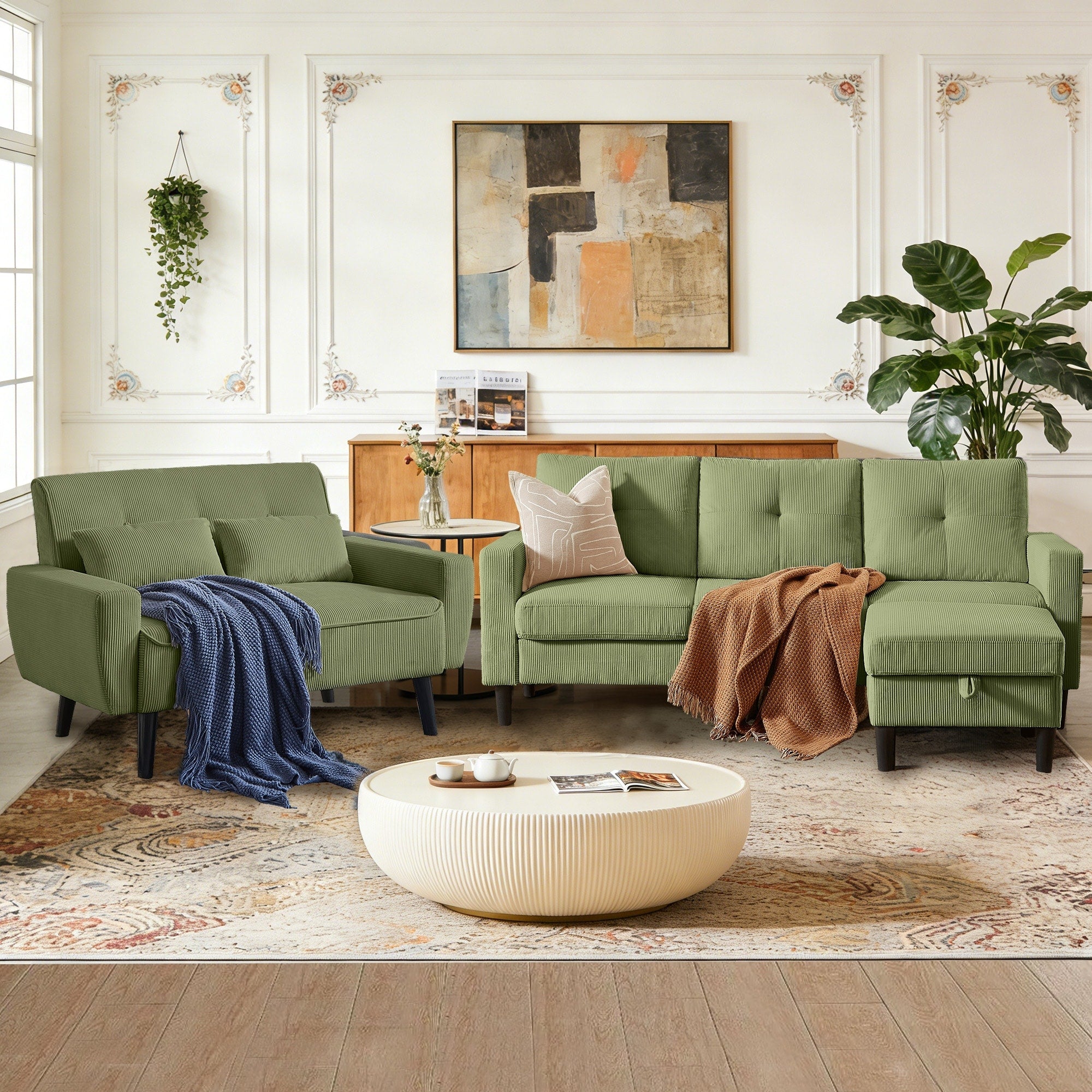 79.14 Corduroy 3 Piece Living Room Set With Sofa Storage Ottoman And Loveseat