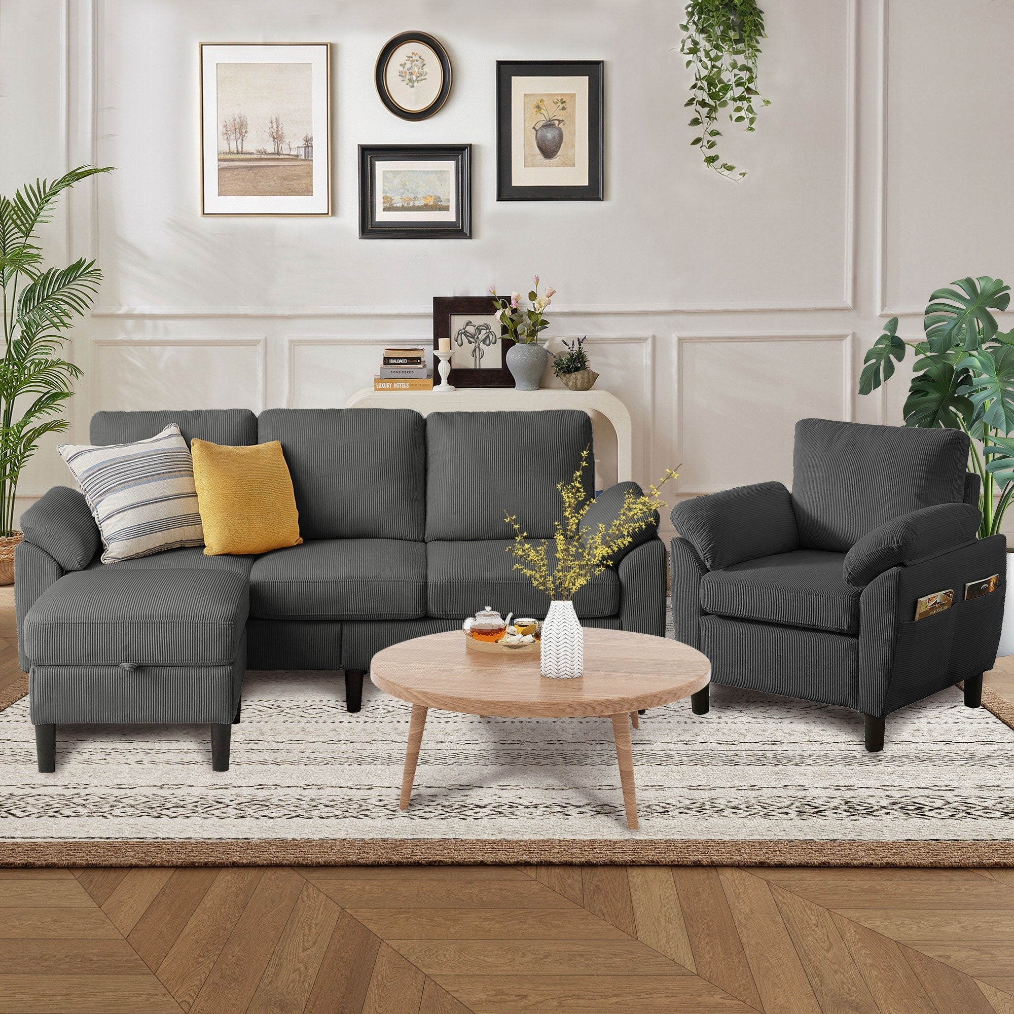 79.72 Corduroy 3 Pieces Living Room Sets Including Sectional Sofa With Storage Ottoman And Armchair Set