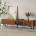 79 Mid Century Modern Ribbed Wood Tv Stand With Storage Cabinets And Glass Shelf Entertainment Center Fits 85 Tvs