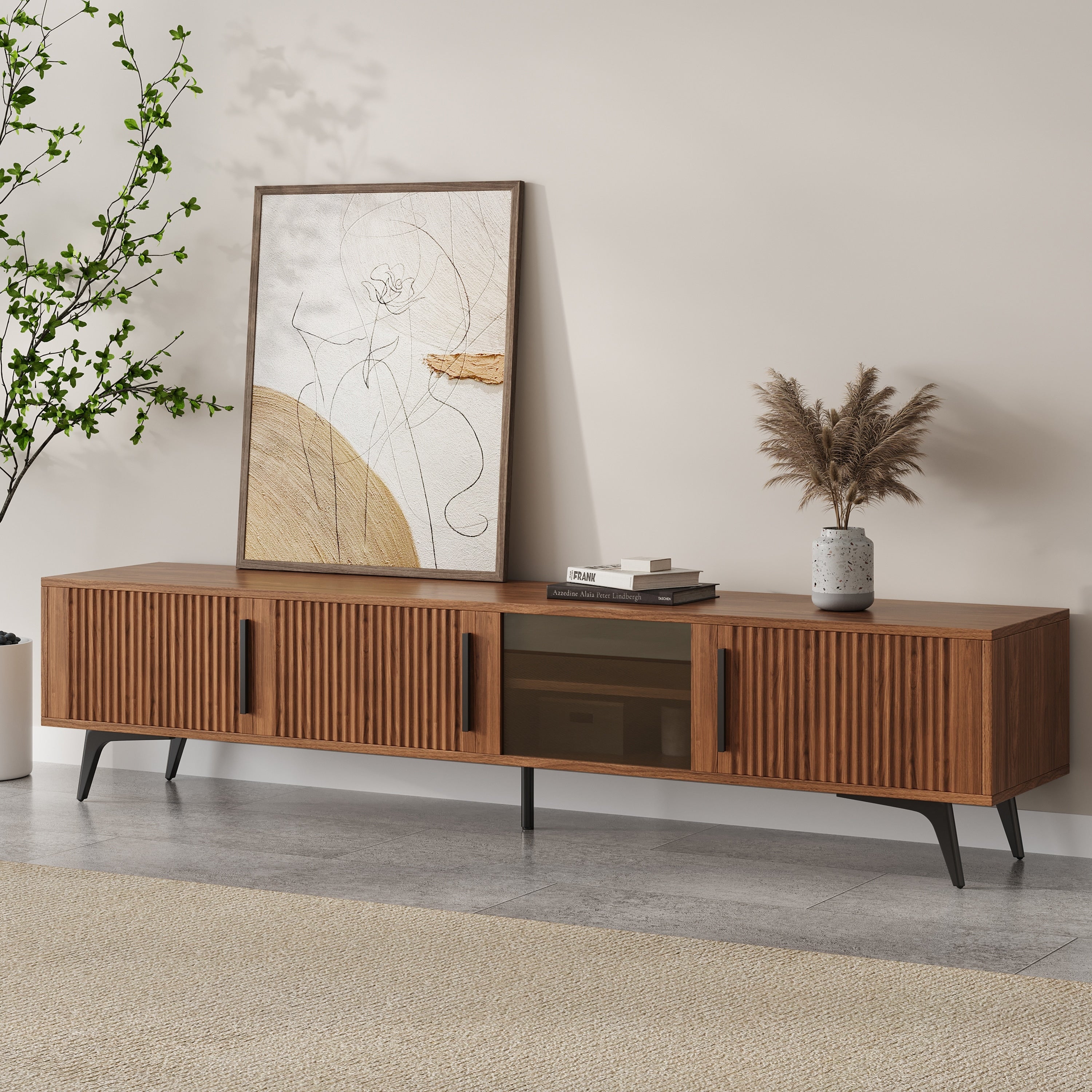 79 Mid Century Modern Ribbed Wood Tv Stand With Storage Cabinets And Glass Shelf Entertainment Center Fits 85 Tvs