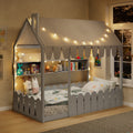 Slats Are Not Included Twin Size House Bed For Kids Floor Bed With Fence Railings Tent Lights