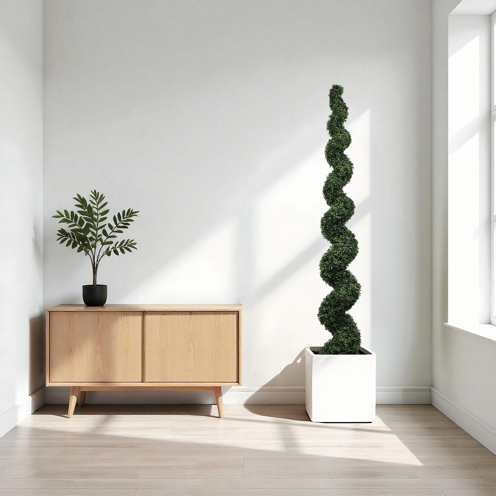7Ft Spiral Topiary Trees Artificial Outdoor Faux Boxwood Plants Large Twisted Green Potted Trees With Dark Green Leaves 1Pc Set