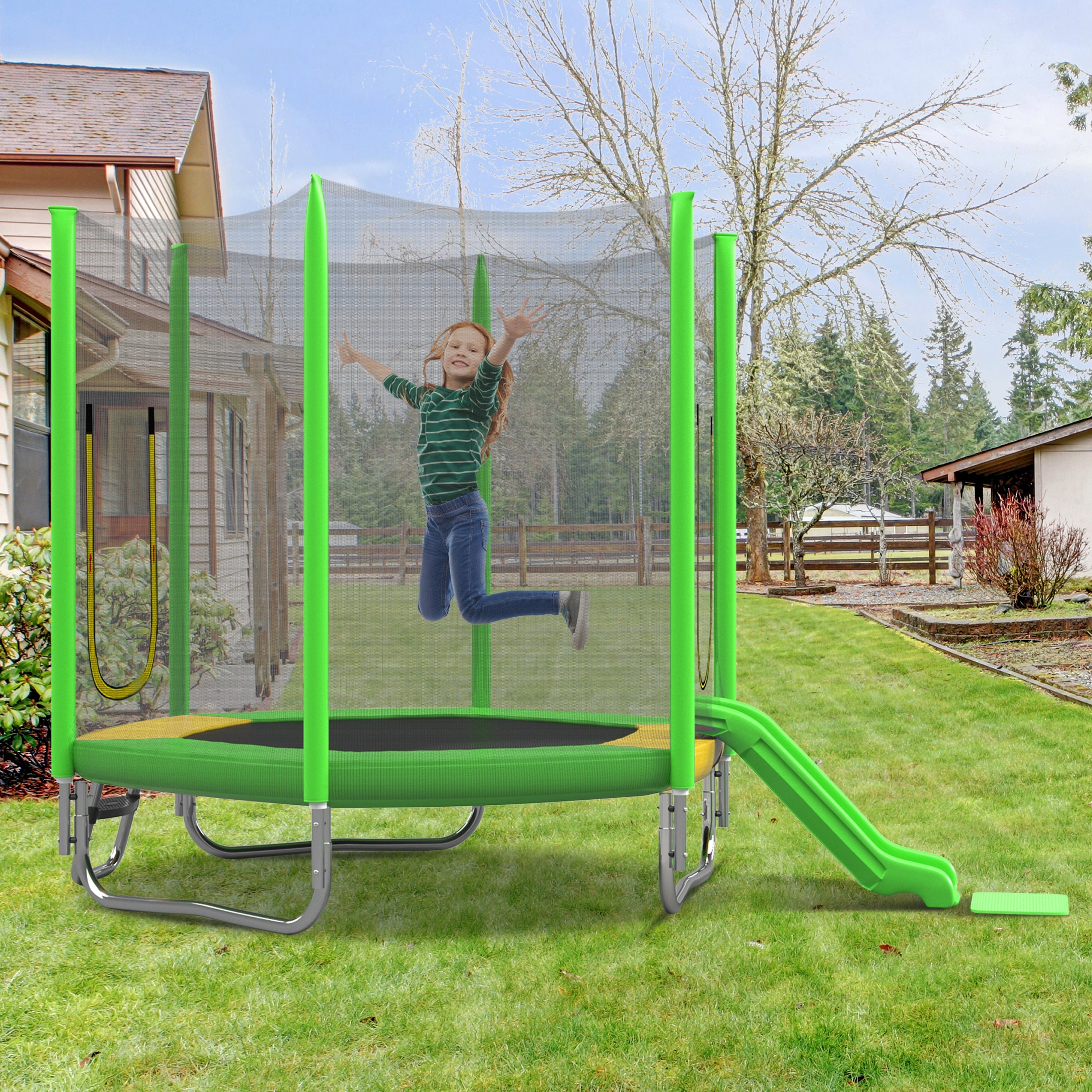 7Ft Trampoline For Kids With Safety Enclosure Net Slide And Ladder Regular Hexagon Outdoor Recreational Trampoline