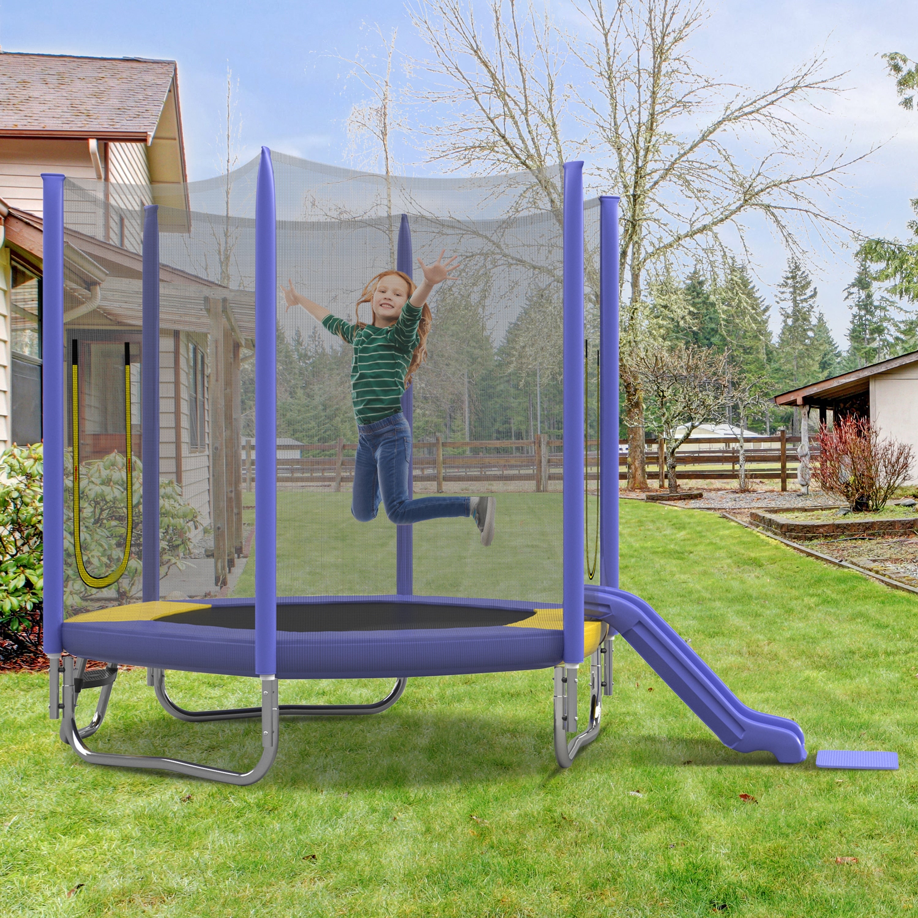 7Ft Trampoline With Safety Enclosure Net Slide And Ladder Easy Assembly Regular Hexagon Outdoor Recreational Trampoline