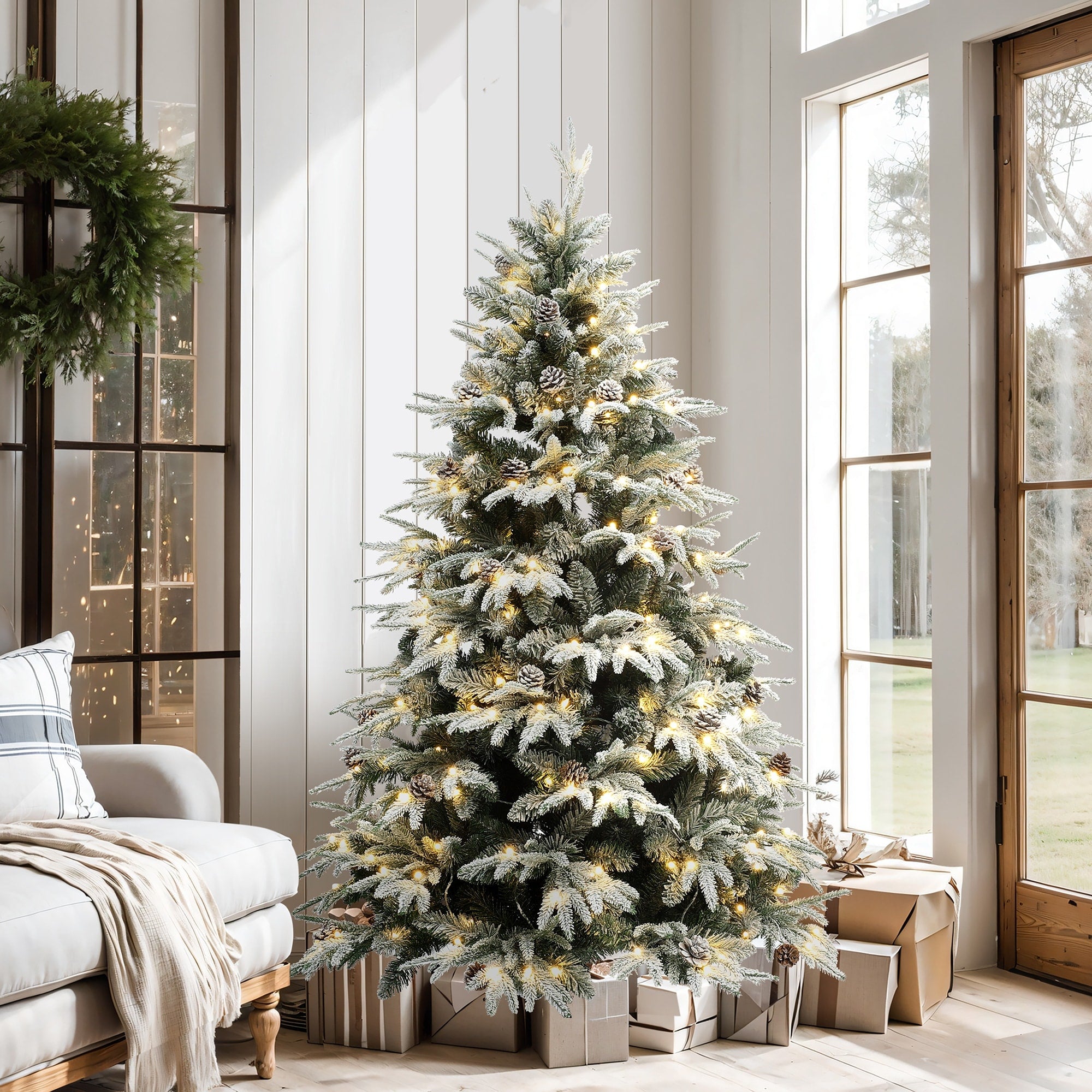 7Ft Pre Lit Snowy Green Branches Artificial Christmas Tree With Metal Stand 87.6 H X 50.4 Diameter