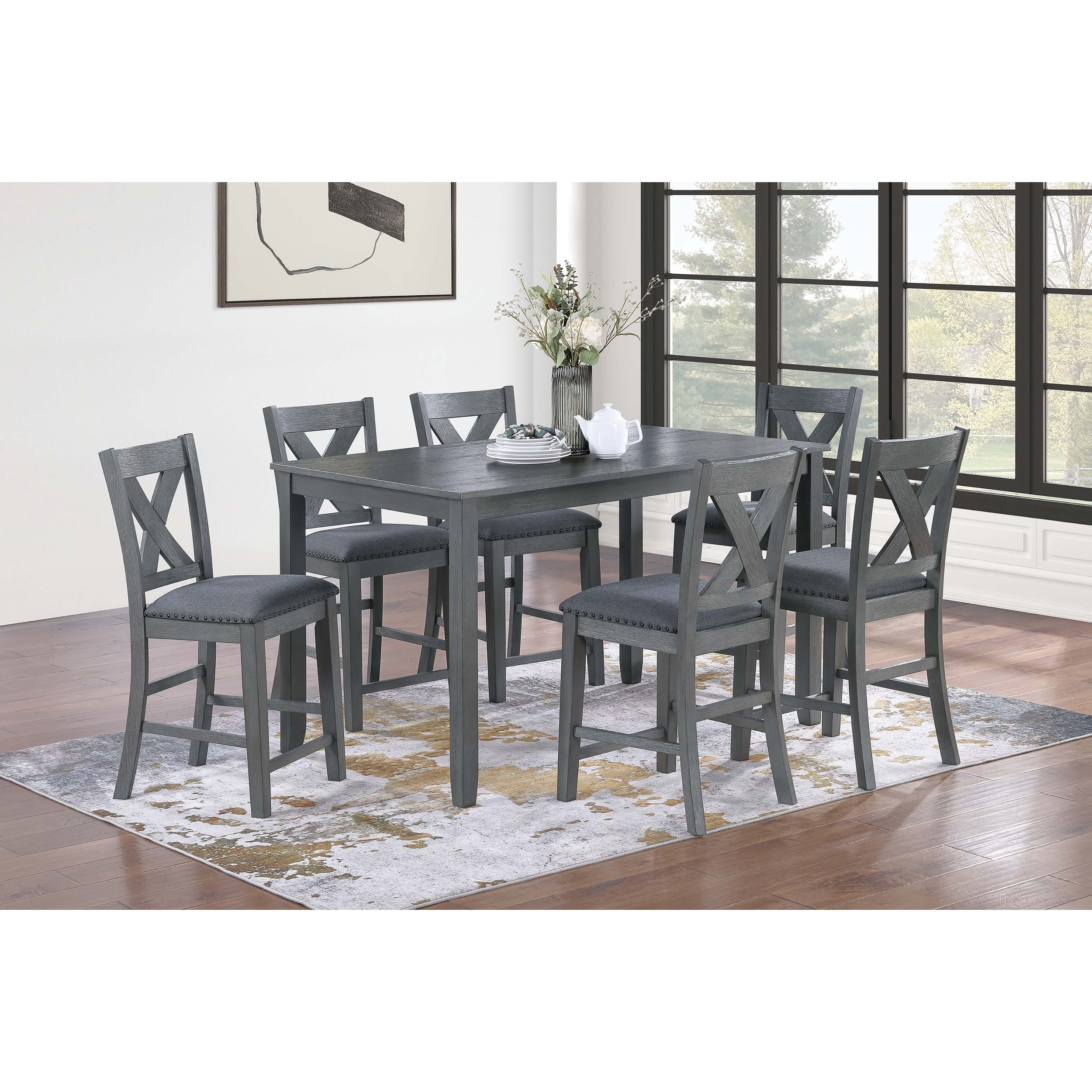 7Pc Counter Height Dining Table Set Gray Finish X Cross Back