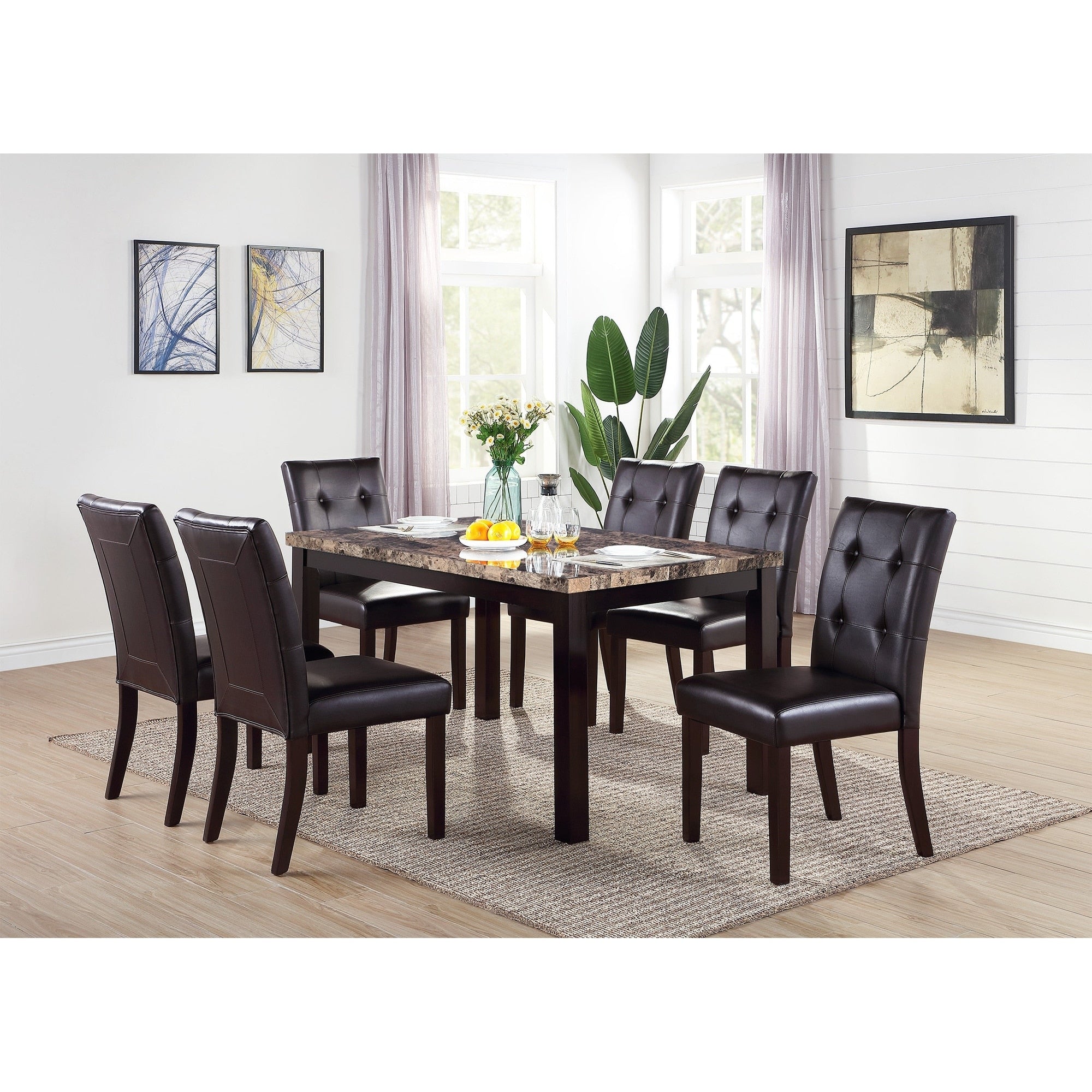 7Pc Dining Set Faux Marble Table Top Espresso Finish